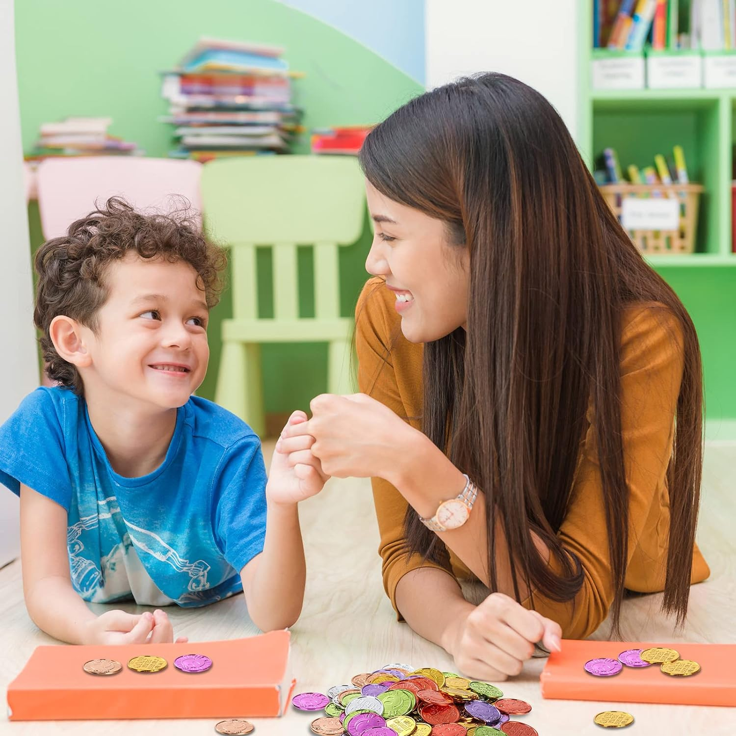 100 Pieces Plastic Coins I Was Caught Being Good Incentive Coins Colored Plastic Coins Tokens for Boys Girls Behavior Smile Face Coin Pretend Play Coin for Counting Halloween Party Christmas Reward image number 2