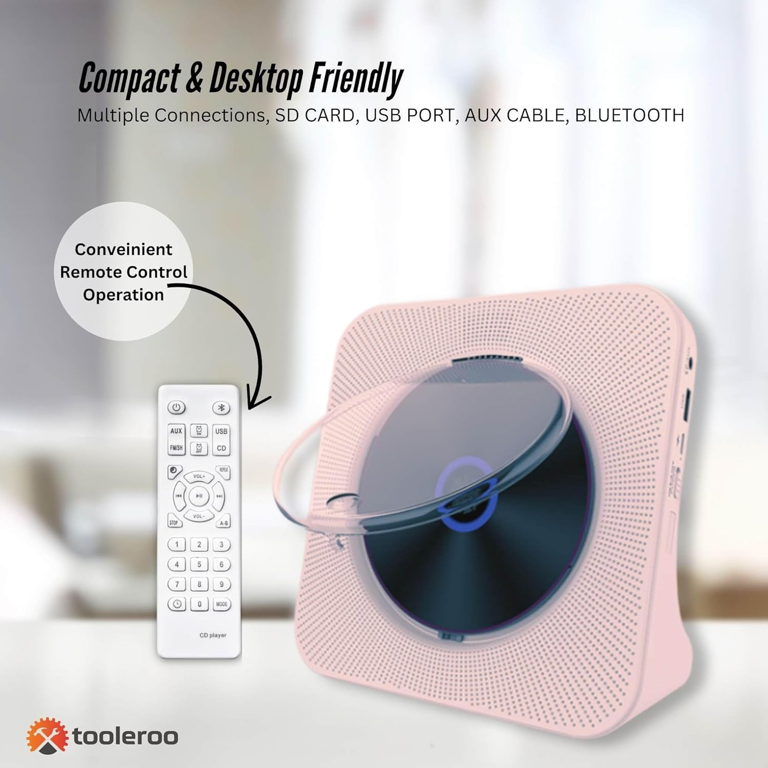 Tooleroo USB Rechargeable Desktop CD Player Speaker &ndash; Bluetooth Portable Pink image number 5