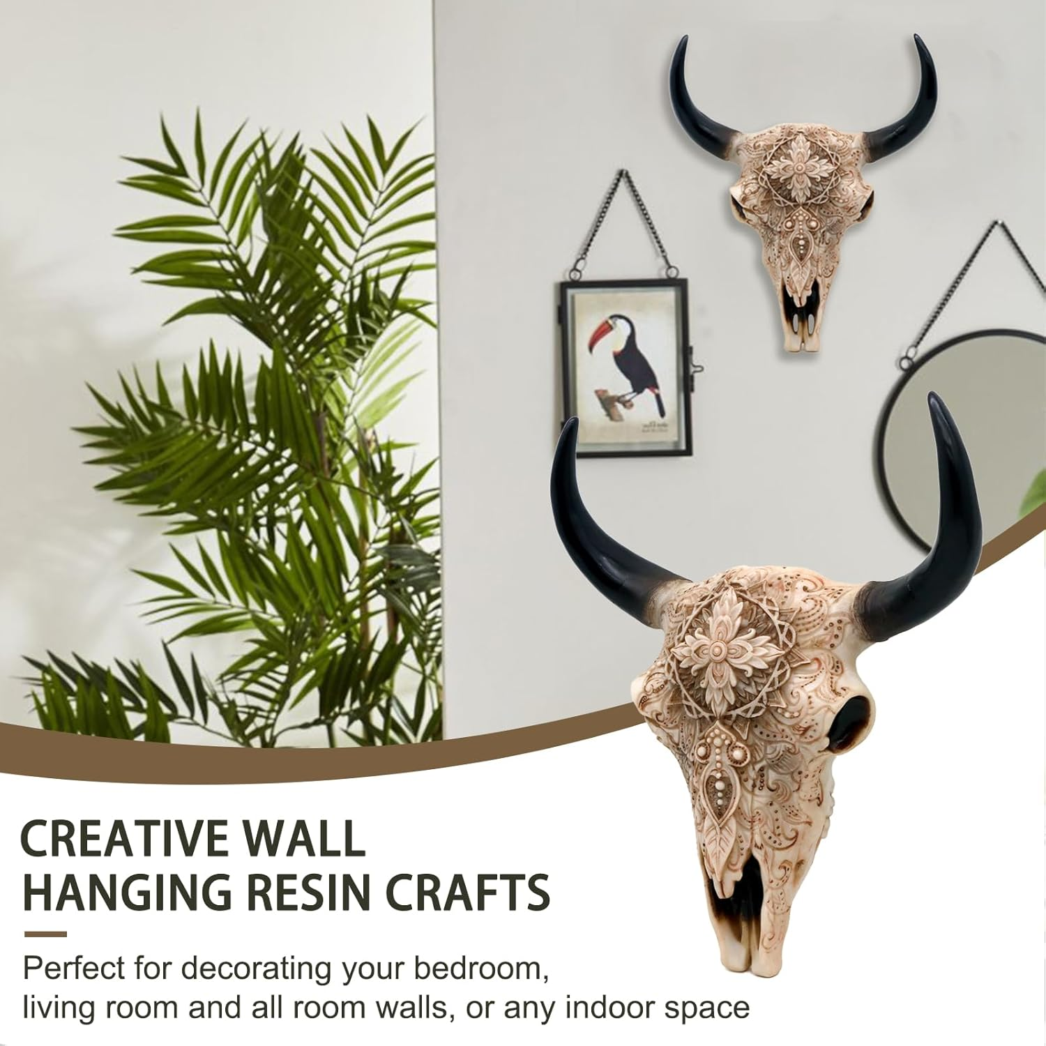 Boho Cow Skull Wall Decor - 9.3&rdquo; L Faux Bull Skull Wall Handing Resin Animal Steer Head Ornament Western Bohemia Room Ideas Decorations image number 6