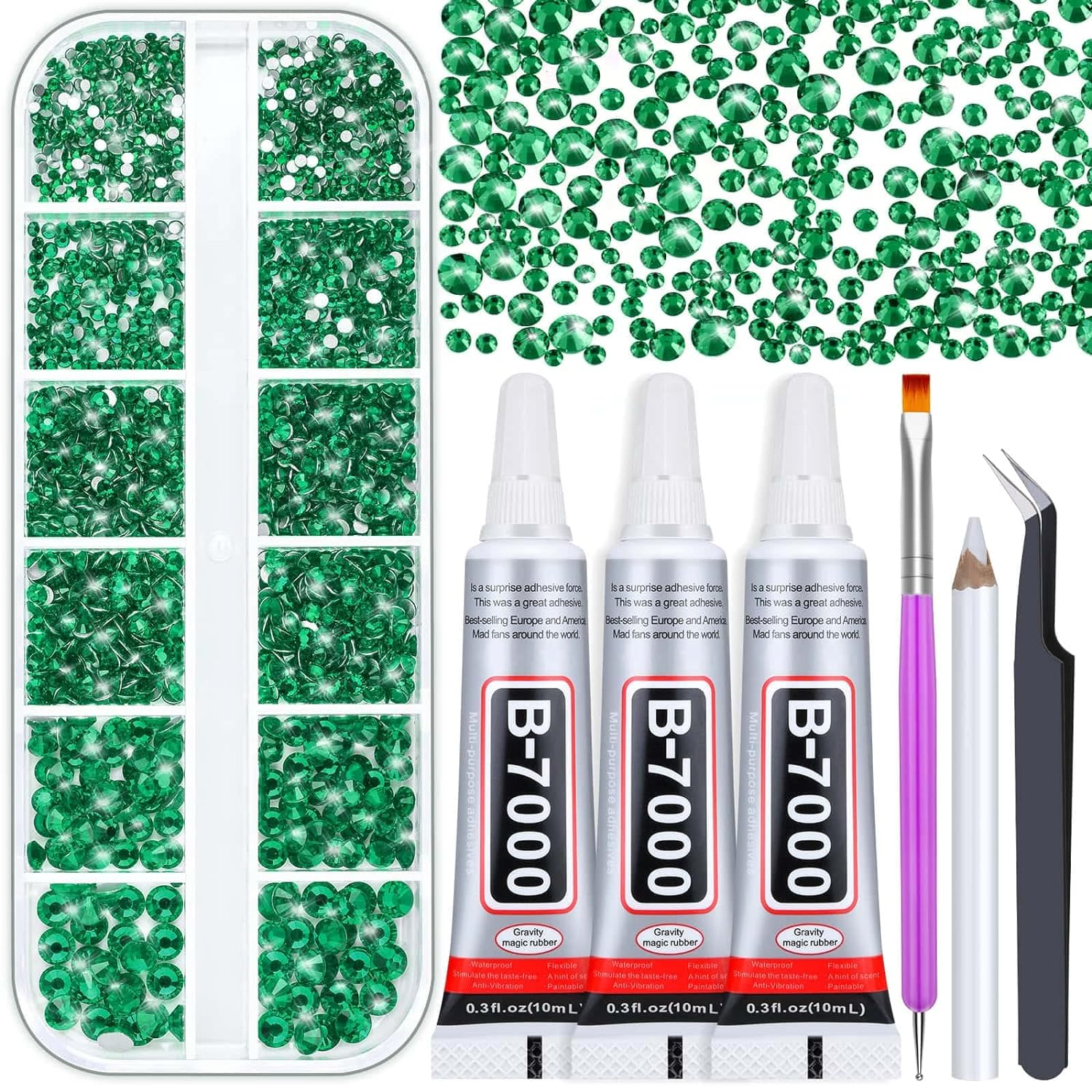 Audab B7000 Jewelry Adhesive with Rhinestones for Crafts, 2100Pcs Flat Back Gems Green Crystal Rhinestones with Tweezer Dotting Tools Gems Glue for DIY Clothes Fabric Shoes Make up Nail Art DAMN-0128 image number 2