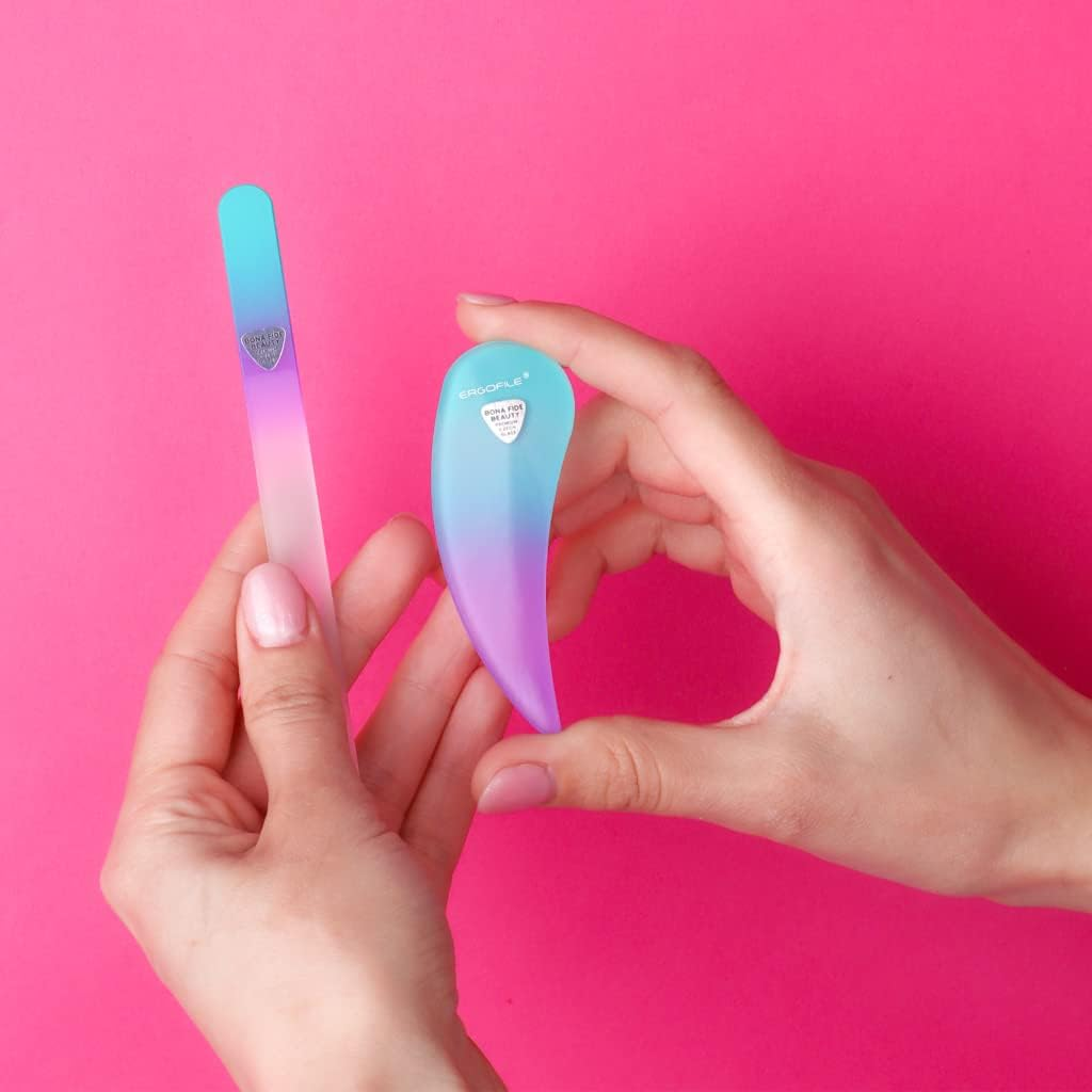 Bona Fide Beauty Ergonomic Nail File Set - 2PC Czech Glass Ergofile Set for Natural Nails and Acrylic Nails (Pastel Green and Violet) - Blue image number 2