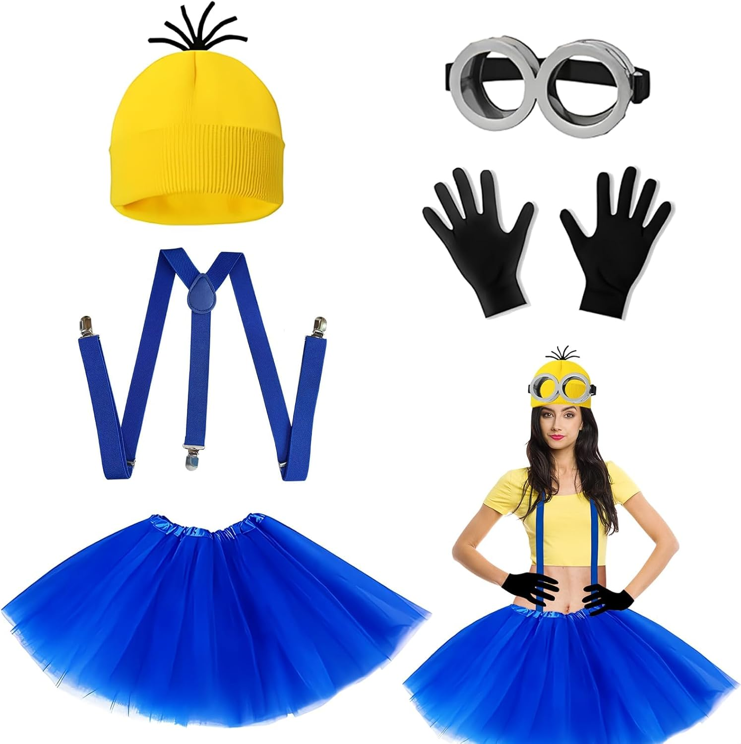 AUTOWT Yellow Halloween Costume Accessories Adult, Halloween Fancy Dress-Up Outfit with Beanie Knit Hats Goggles Gloves Tutu Skirt for Men Women Cosplay Holiday Xmas Party