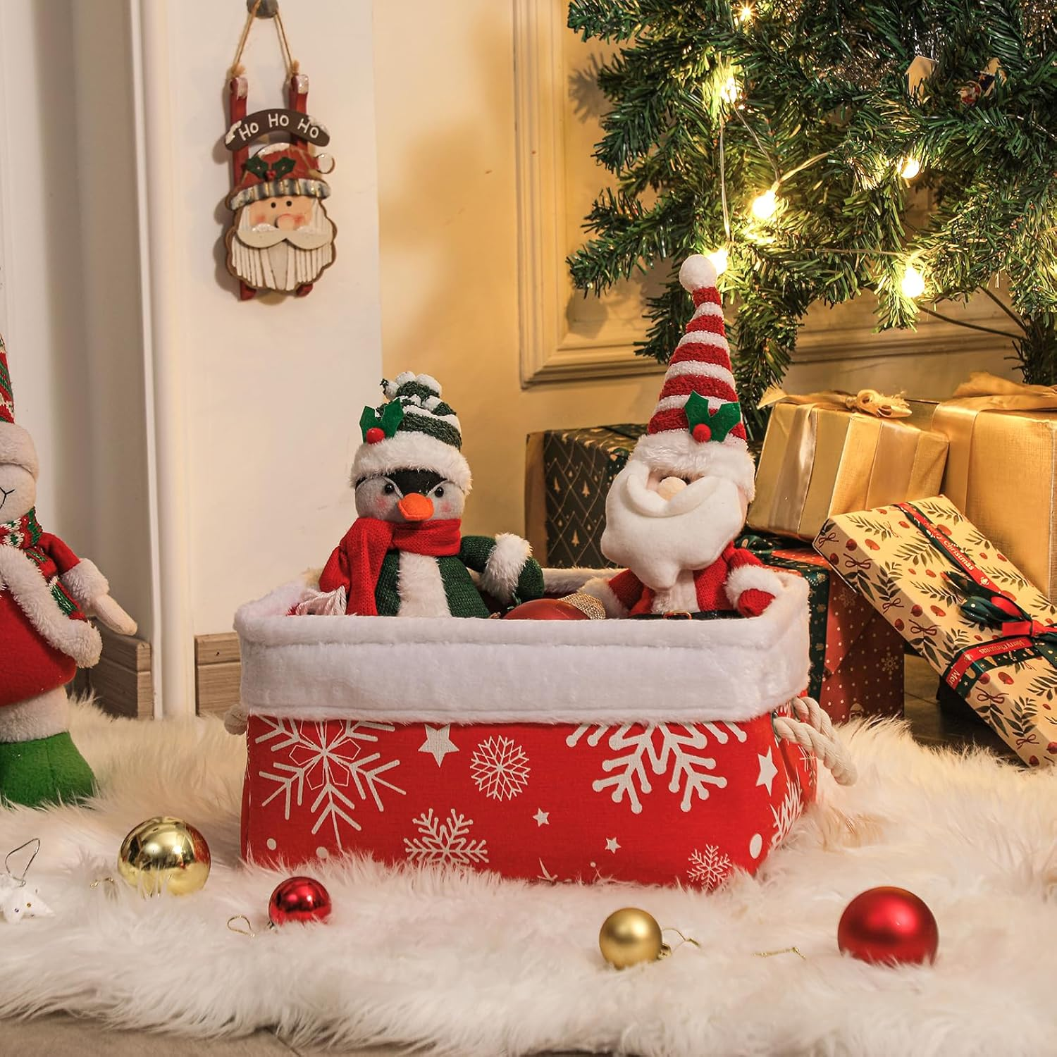 Inough Christmas Ornament Storage Box Holiday Decoration Organizer, Christmas Basket for Kids Large Gifts Baskets Empty with Handles Santa Sack with Drawstring (Medium, Snowflake)