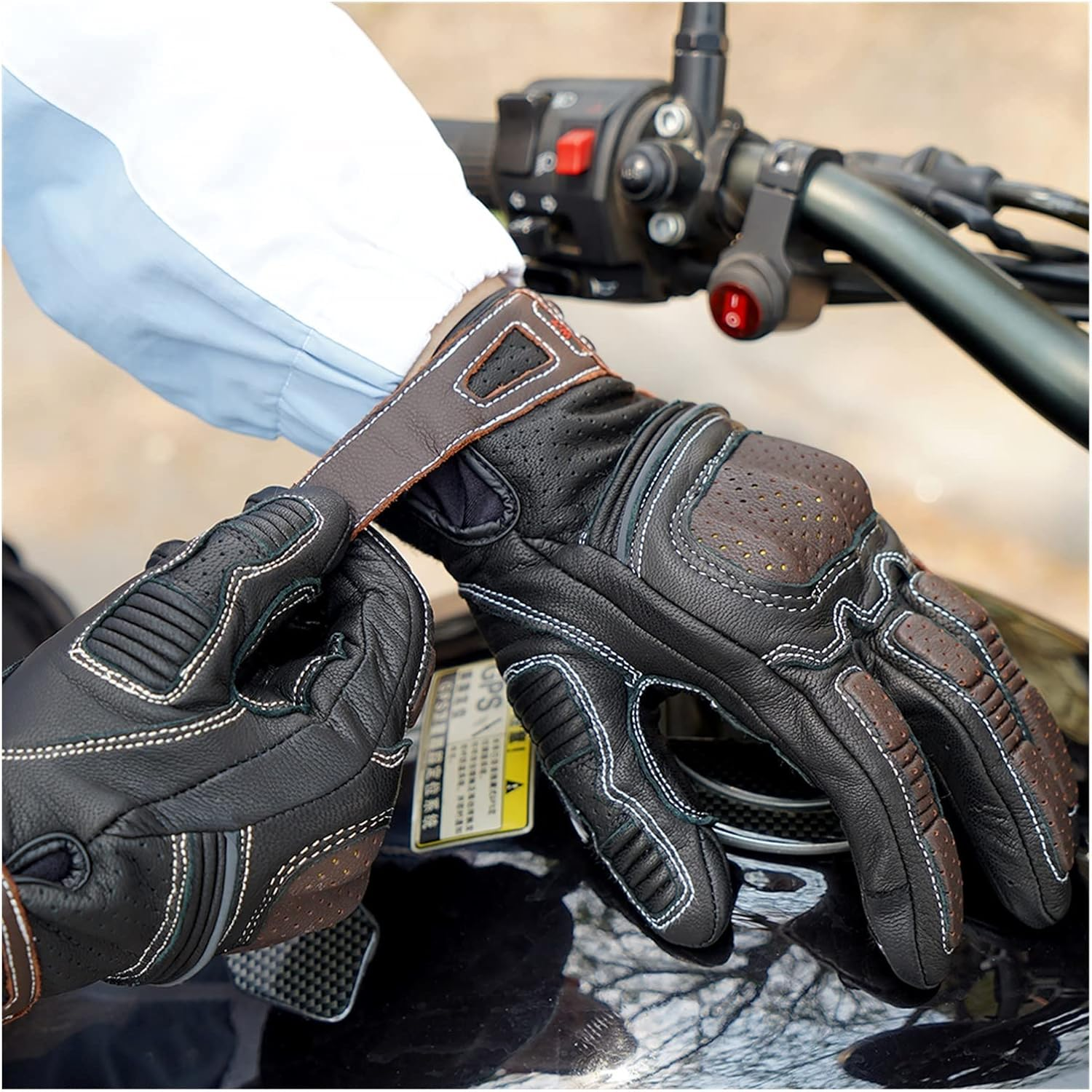 KANGYEBAIHUODIAN Genuine Leather Vintage Motorcycle Full Finger Gloves Rubber Guard Protection Touchscreen Motorbike Motocross ATV Racing Riding (Color : Brown, Size : S)