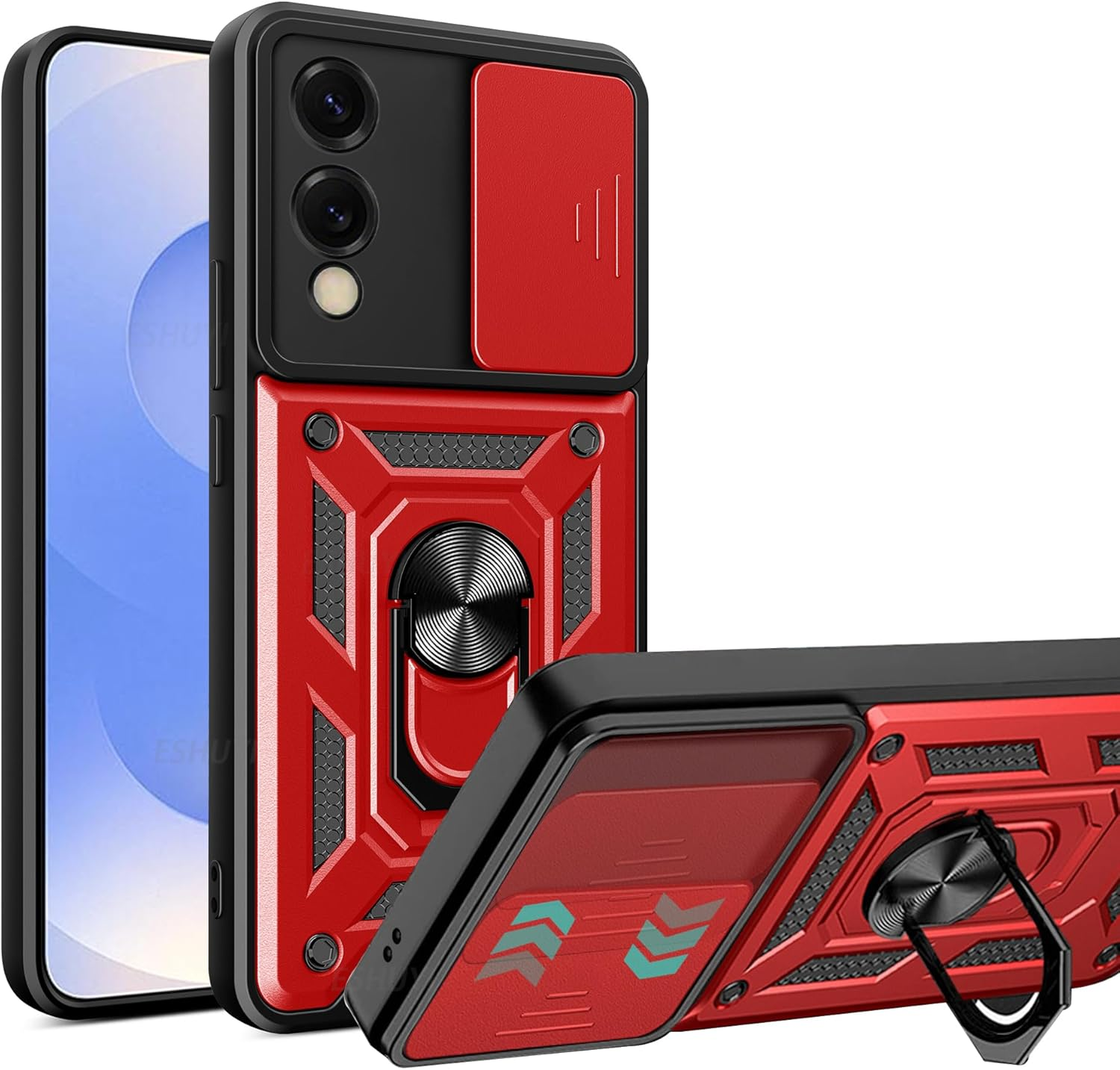 ESHUYI&reg; Case for Samsung Galaxy S25 Edge with Slide Camera Cover, Military Grade Shockproof Protective Cover with Rotatable Metal Ring Kickstand [Support Magnetic Car Mount], Red