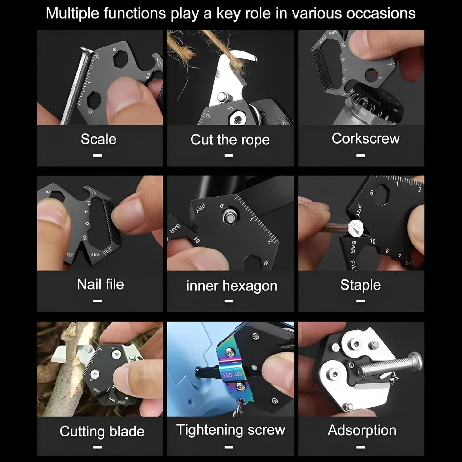 Knifemaster Stainless Steel Multi-Function Keychain Hand Tool - Rope Cutter, Ruler, Hex Wrench, Mini Knife, Screwdriver Head, Bottle Opener, Nail File Multi Purpose Tool (Black) image number 2