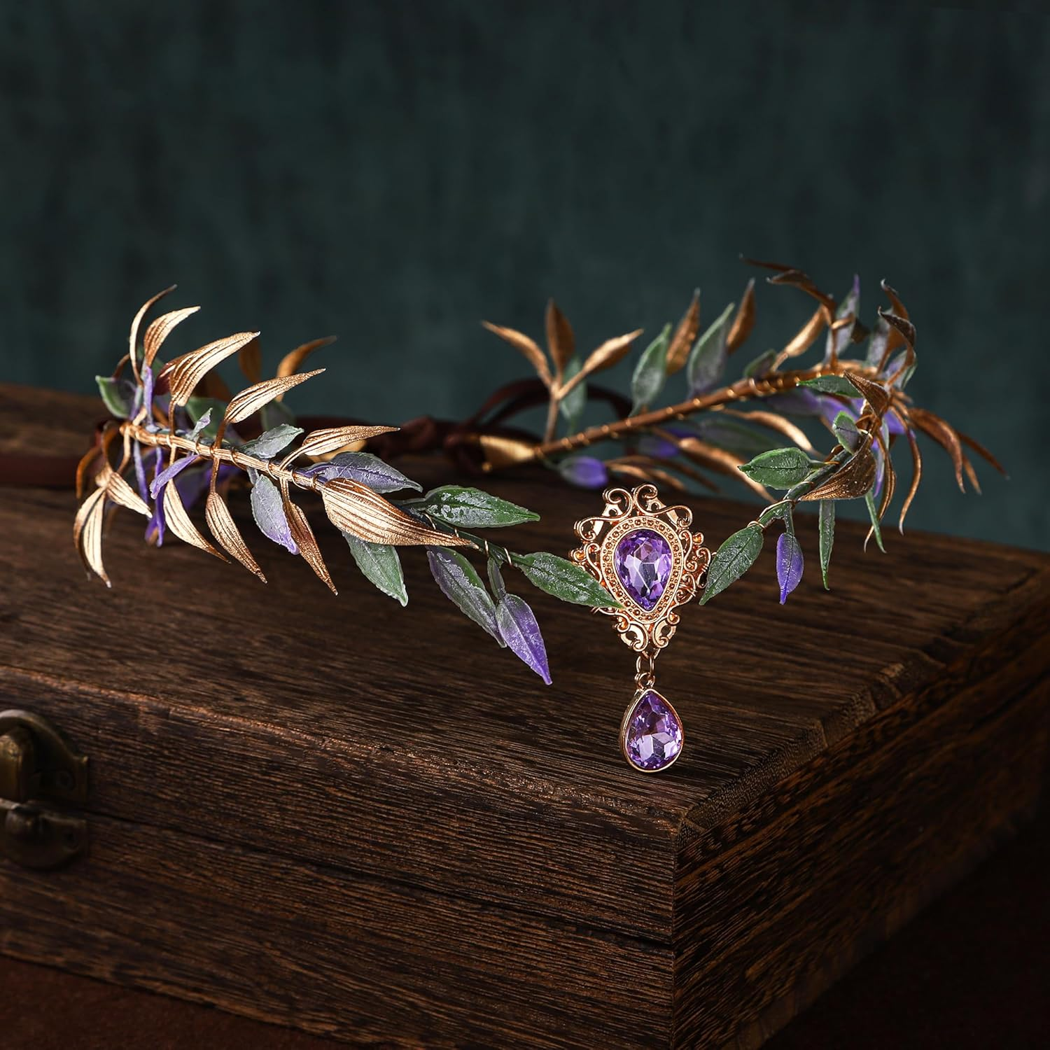 MOSTORY Forest Elf Crown for Renaissance Women Cosplay Purple and Gold Leaf Headpiece for Halloween Forest Fairy Costume image number 5