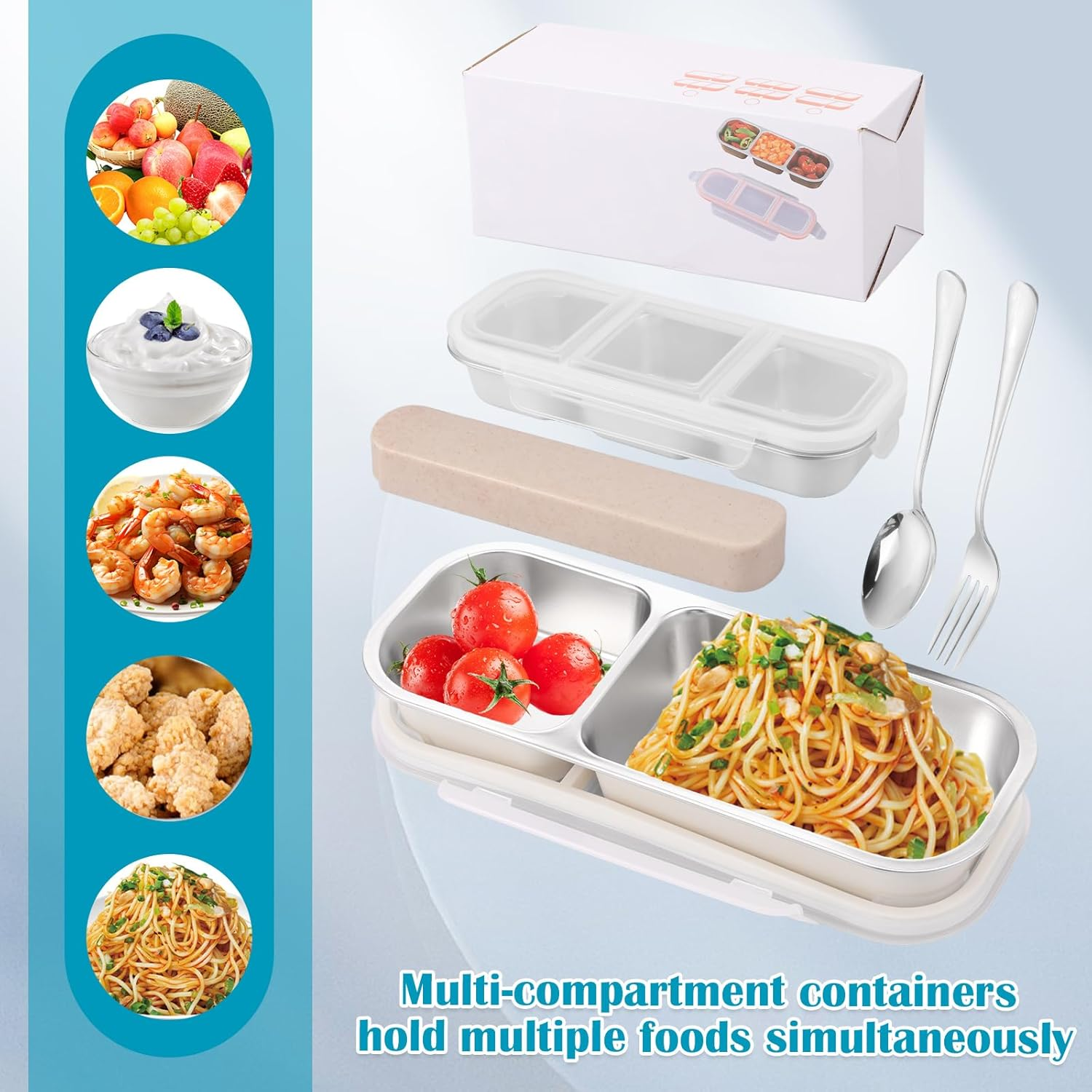 2 Pcs Stainless Steel Snack with Lid, 600/700Ml Leak Proof Crisper Compartment Box Reusable Snack Pack Container with Fork Spoon Utensil Organizer for Home Office Traveling image number 6
