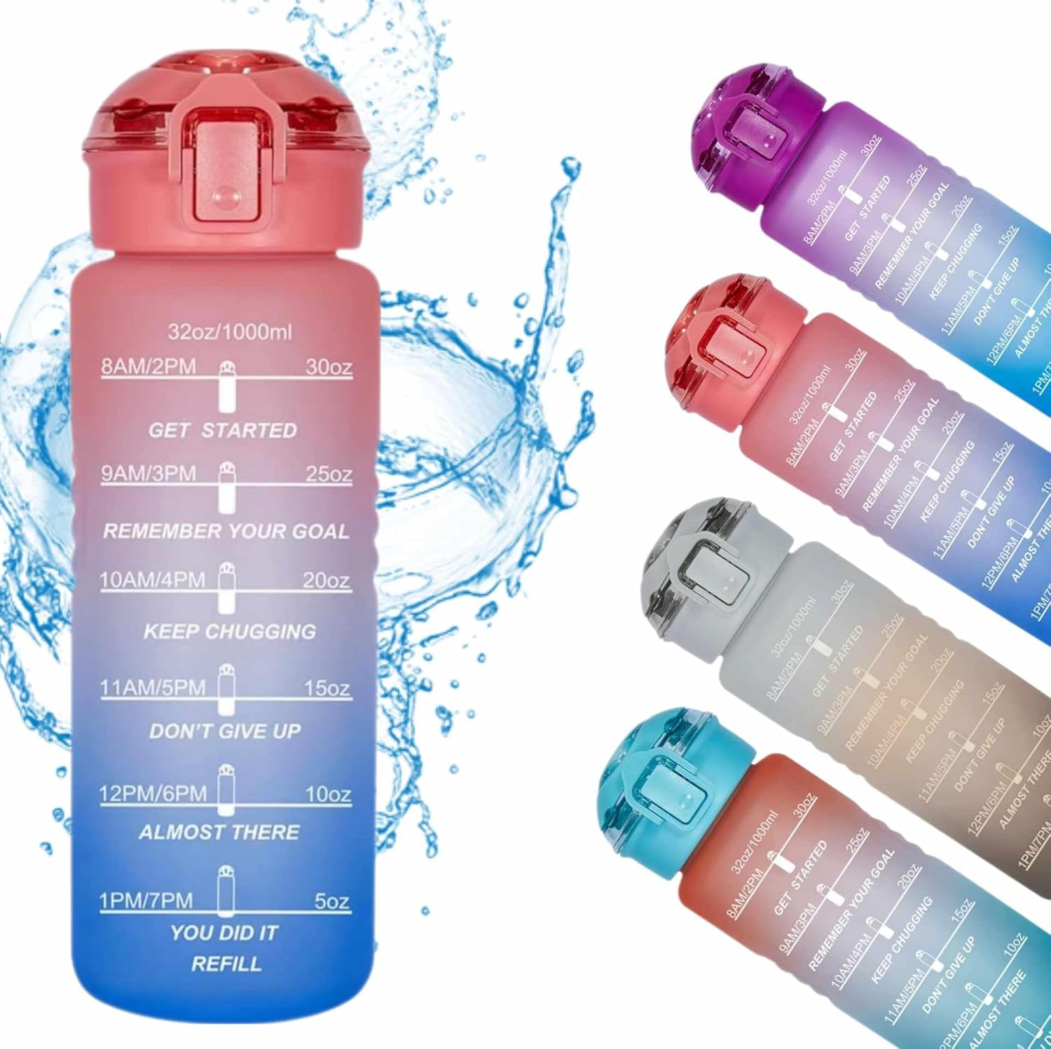 Motivation Gradient Water Bottle, 1L, Tea Compartment, Time Marker, Push Button Leakproof, Bpa-Free Frosted Plastic, Large Capacity, Hidden Bail, Fitness, Gym, Outdoor Sports (Pink) image number 1