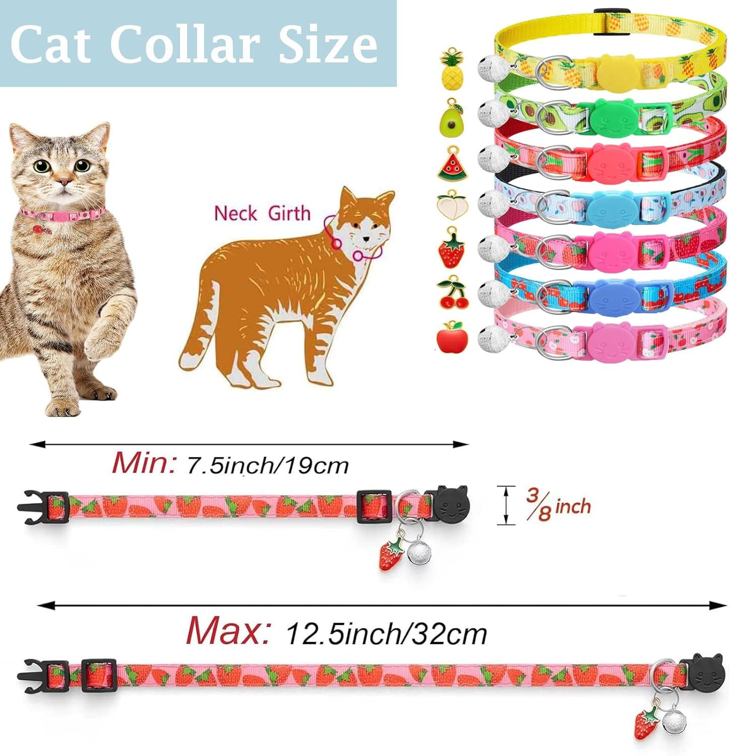 Cat Collars,7 Pack Cat Collar with Bells,Safety Breakaway Cat Collars Adjustable 7.5-12.5 Inch,Fruit Style Kitten Collar for Cute Pet Cats Puppy and Dog,Pet Supplies,Accessories,Gifts image number 2