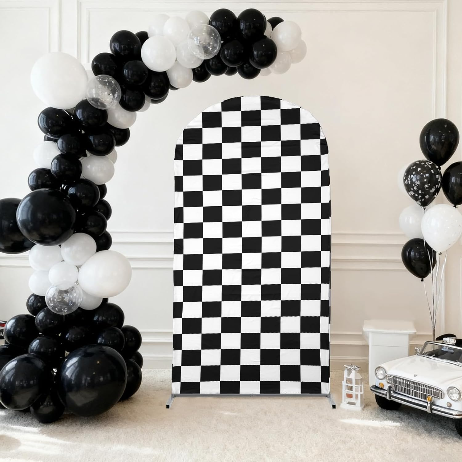 Truck Arch Backdrop Cover, 6Ft Racing Party Arch Cover Black & White Checkered Birthday Decorations for Kid Boys image number 3