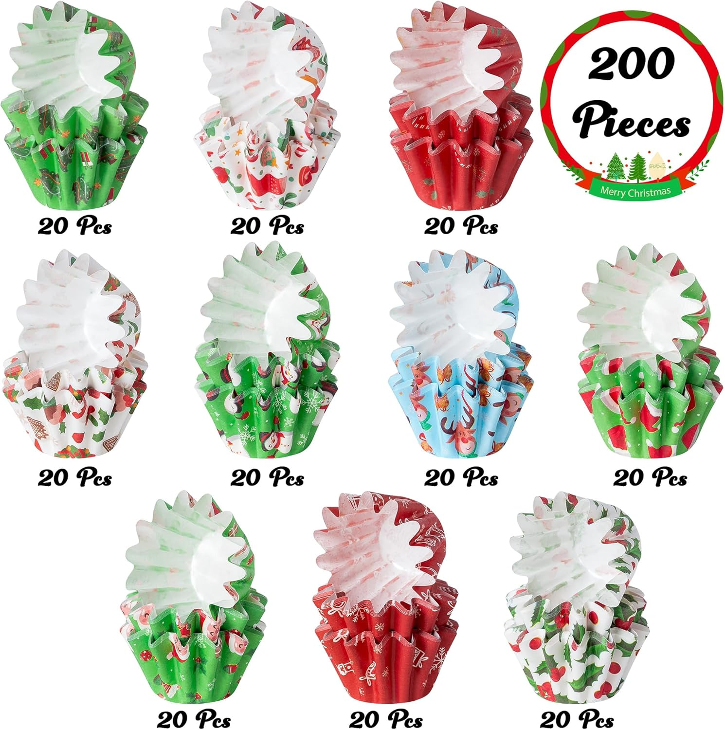Cocnny Christmas Mini Cupcake Liners - 200Pcs Xmas Small Baking Cups Muffin Cupcakes Wrapper, Santa Snowman Disposable Grease-Resistant Cake Candy Making Wrap Paper for Christmas Eve Party (10 Styles) image number 2