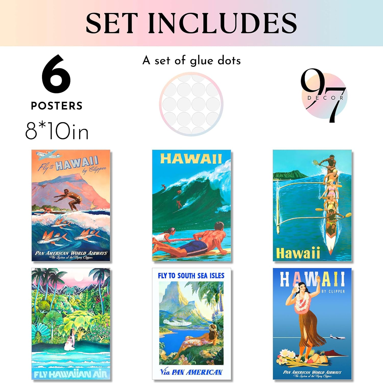 97 DECOR Hawaii Room Decor - Vintage Hawaiian Art Wall Decor, Surf Poster, Surfing Pictures Wall Art, Retro Hawaii Posters, Summer Tropical Beach Hawaiian Island Print for Home Bedroom (8X10 | 20X25 Cm UNFRAMED) image number 3