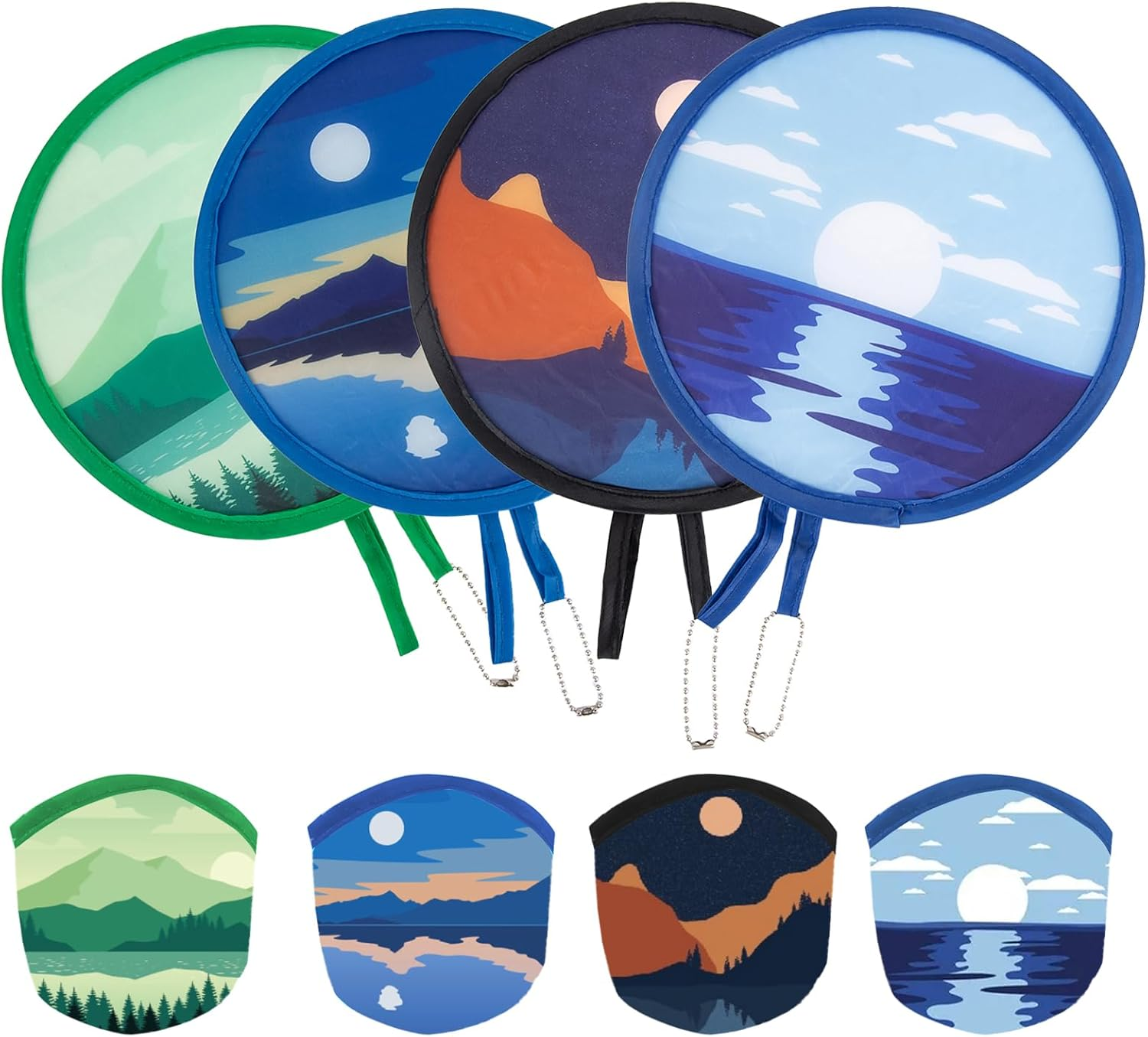 4 Pcs round Foldable Hand Fan Landscape Japanese Foldable Fan Style Handheld Foldable Compact Cooling Fans,Round Folding Fan for Outdoor Games,Xmas Decoration,Festival,Party Favors,Travel,Events