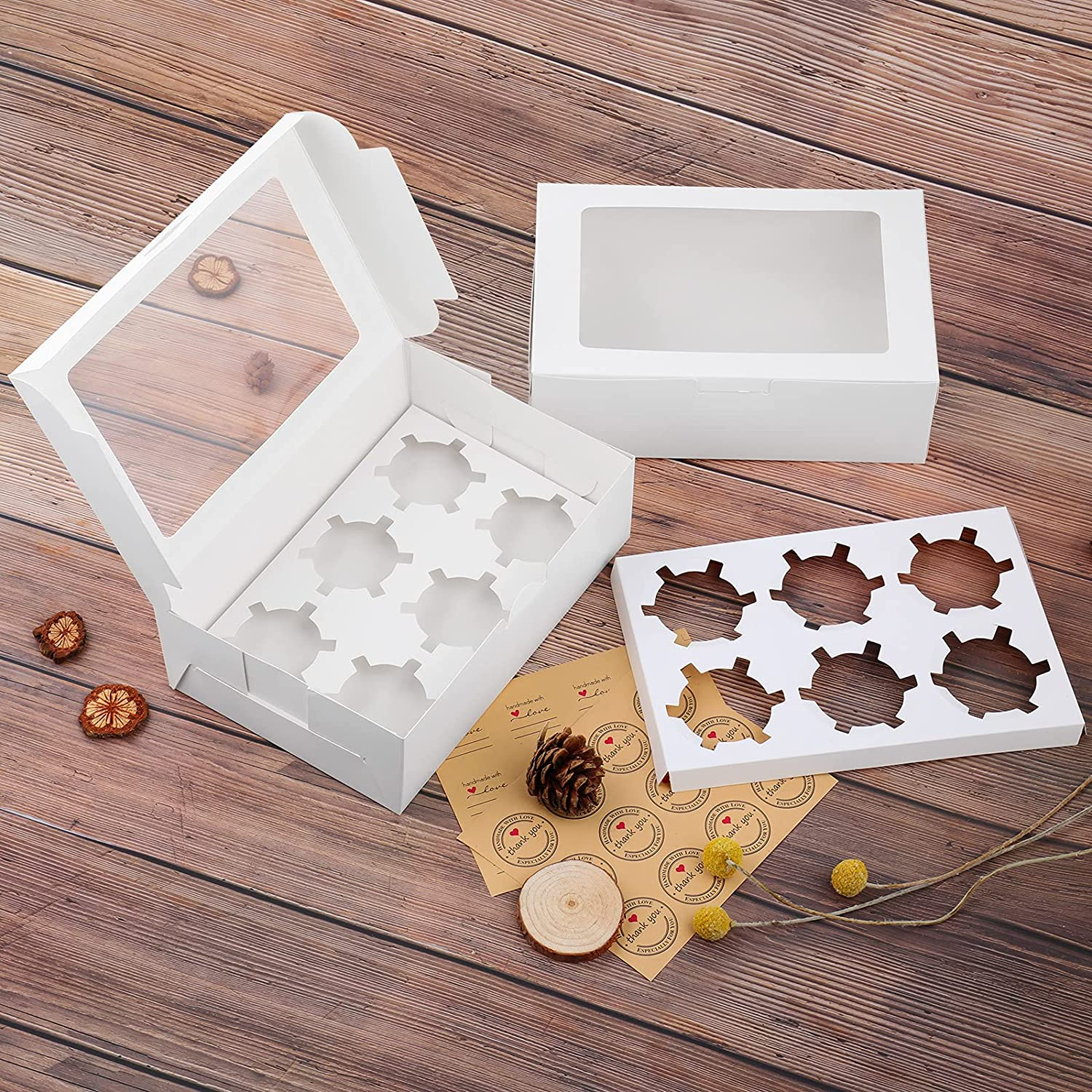 10 Pack 6 Holes Cupcake Boxes with Window Cake Cookie Bakery Boxes Muffin Donut Pastry Containers for Wedding Birthday Party Christmas,9.3X6.2X3 Inches/White image number 2