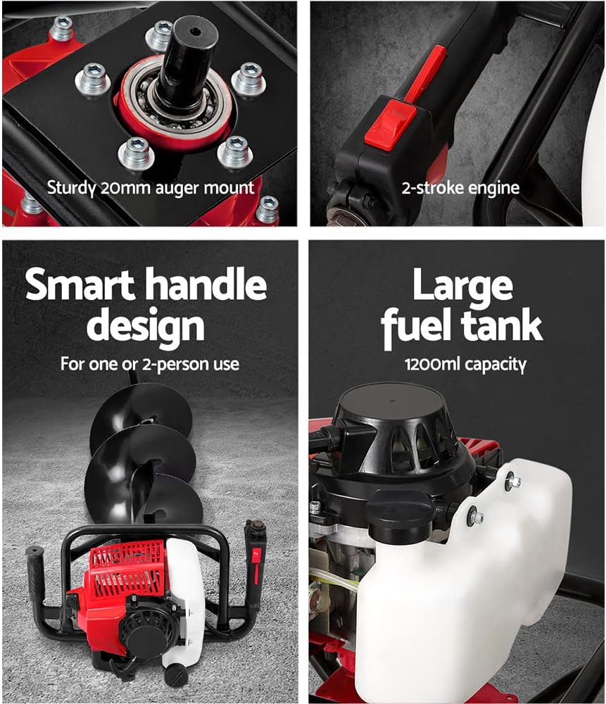 Giantz Post Hole Digger 63Cc Electric Garden Auger Ground Drill Bit Set Power Tools Hand Tool Gardening Accessories Gifts for Seedlings, Flowers Plant Fence Extension, 180Cm Depth and 300Mm Diameter image number 4