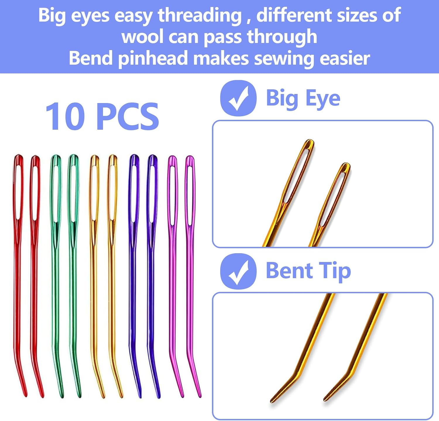 10Pcs Yarn Darning Tapestry Needle,Large Big Eye Weaving Needle for Tapestry,Blunt Yarn Needles,Bent Tip Embroidery Needles,Weaving,Sewing Wool,Darning,Knitting Crochet with Iron Box image number 4