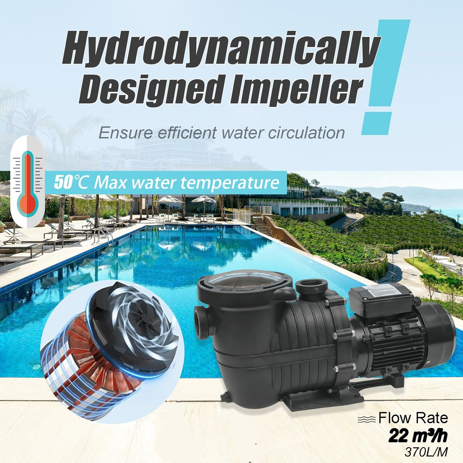 YOUZAQUA Swimming Pool Pumps, 1500W 2.0 HP Inground Pool Pump, 230Vac 370L/M Pool Pump, Also Suitable for above Ground Pools image number 4