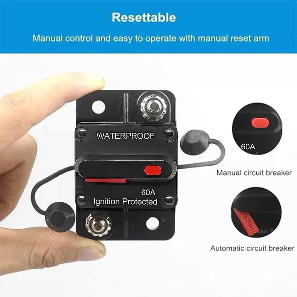 Anhoer Circuit Breaker with Manual Reset 12V-48V DC Waterproof Circuit Breaker Fuse Holder Inverter 50-250A for Solar Power Marine Boat Car Motor (60A)