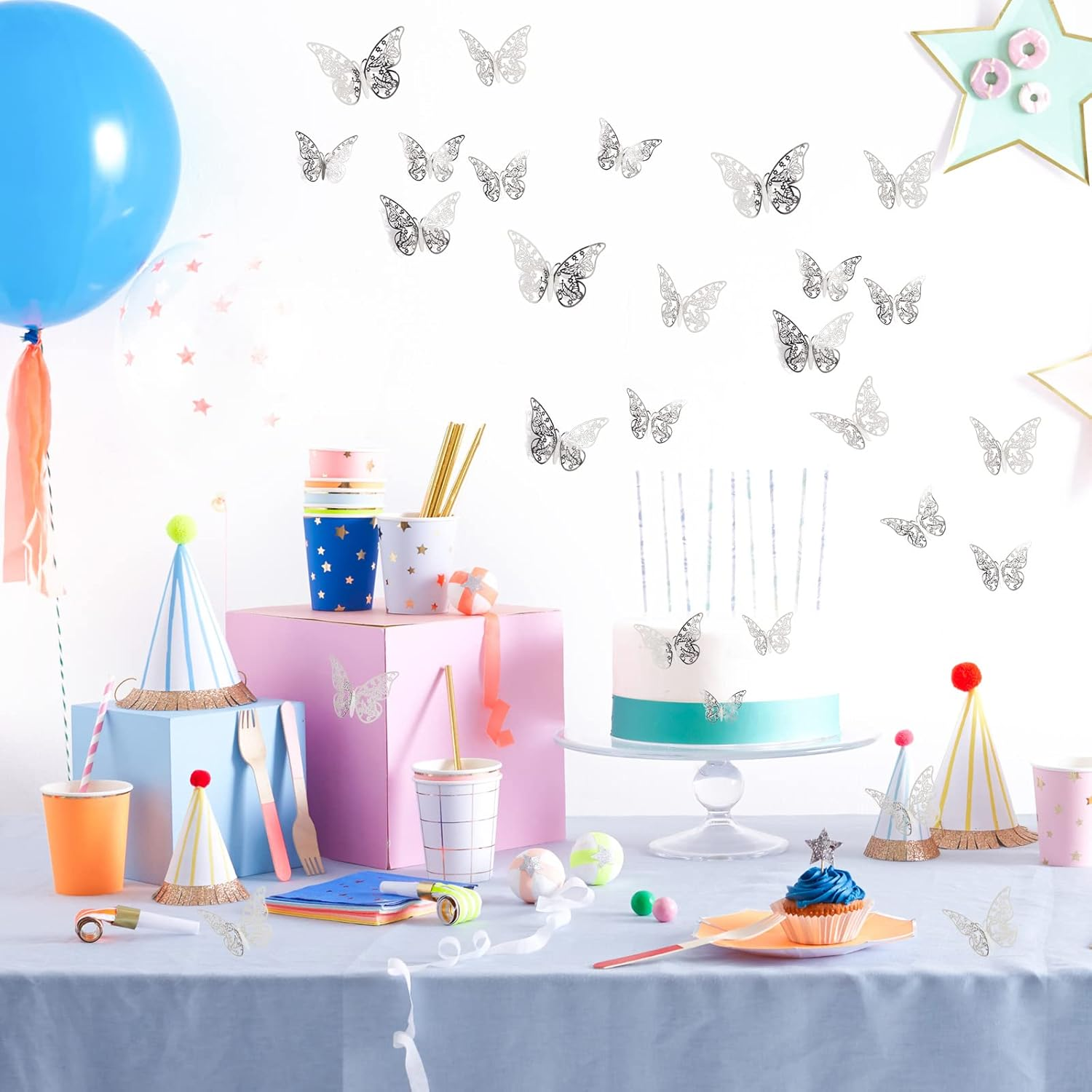 144 Pcs 3D Butterfly Wall Stickers Decor 6 Styles 3 Sizes, Silver Butterfly Cake Decorations Removable Butterfly Decals Room Wall Decor for Kids Nursery Classroom, Wedding, Party, Baby Shower - Rose Gold image number 6