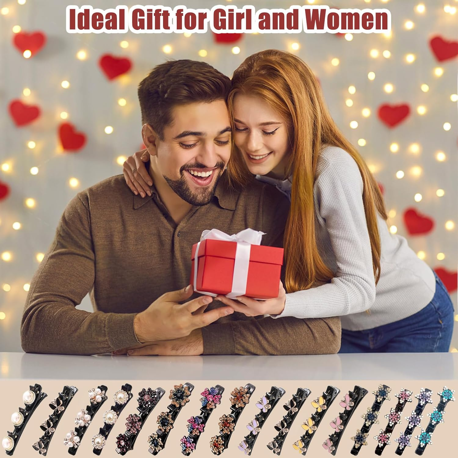 WATUNID 16 Pieces Glitter Crystal Stone Braided Hair Clips, Rhinestone Pearl Four Leaf Clover Rose Flower Double Layer Section Hair Clip with 3 Small Clips, Hair Accessories for Women image number 2