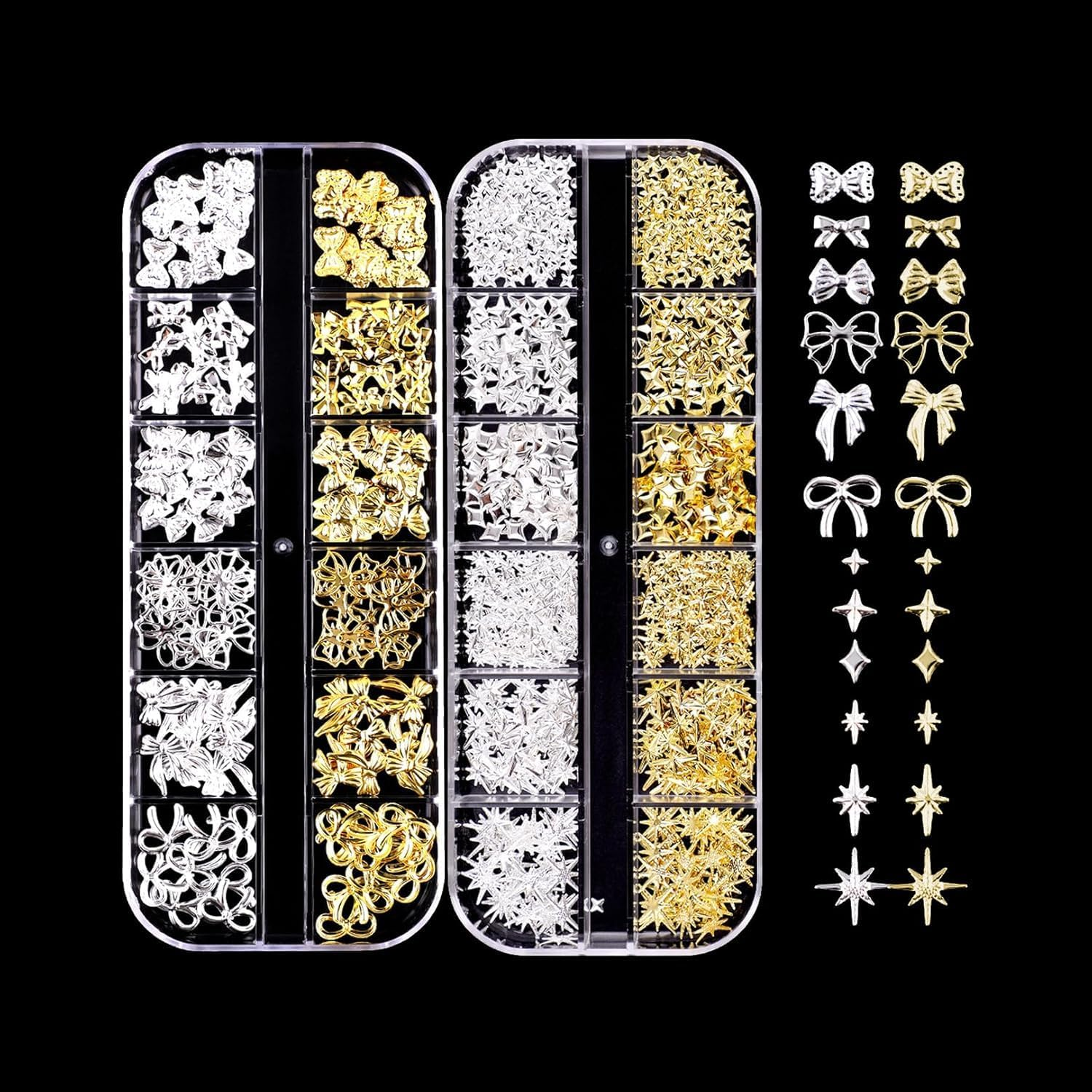 Limcryspp 2-Pack 3D Nail Accessory Set - Gold and Silver Bow, Star Rivet Metal Nail Decoration, Suitable for Nail Plates, Fashionable Nail Design Accessories image number 4