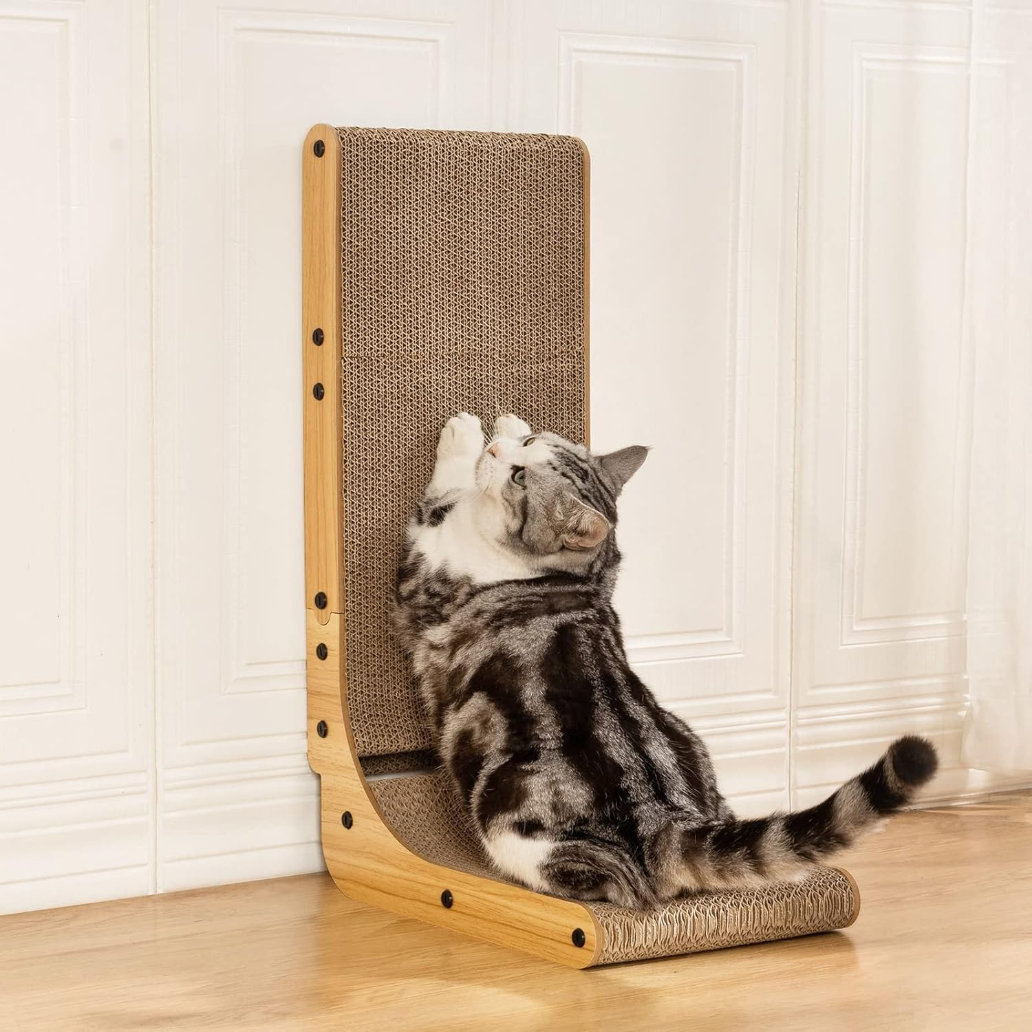 Poils Bebe L Shape Cat Scratcher, 26.8 Inch Cat Scratchers for Indoor Cats, Protecting Furniture Cat Scratch Pad, Cardboard Cat Scratching with Ball Toy, Catnip, Large (L Cat Scratcher) image number 2
