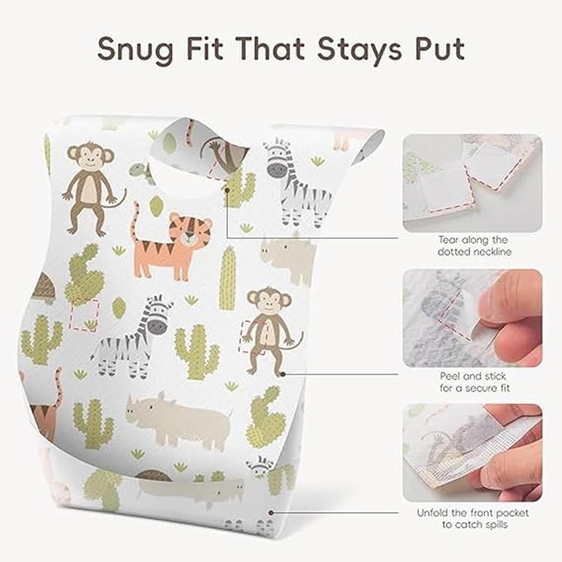 50 Pcs Disposable Baby Bibs for Baby Boys and Girls,Individually Packaged Baby Bibs with Catcher and Leakproof Liner for Toddler Feeding, Velcro Closure Feeding Bibs,Baby Travel Essential image number 3