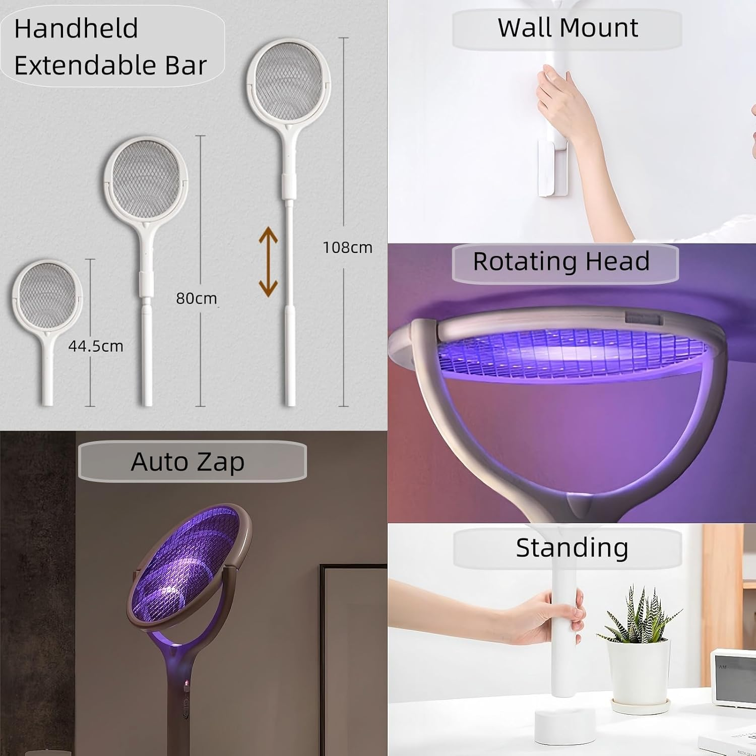 ZOCINS Rechargeable Electric Fly Swatter with Telescopic Extension＆Rotating Head, 3500V Electric Mosquito Swatter with 3 Layers Safety Mesh, Mosquito Repellent Bug Killer Fly Trap Indoor Outdoor image number 4