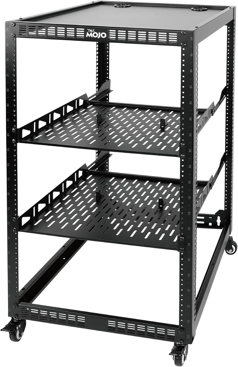 16U Open Frame Network Rack for IT &AV Gear, 16RU AV Rack 4-Post with Mobile Casters and 2 PCS Vented 19'' Front Mounting Rack Shelf with Rear Supporting Ears and Anti-Slip Stops & Mounting Hardware image number 1