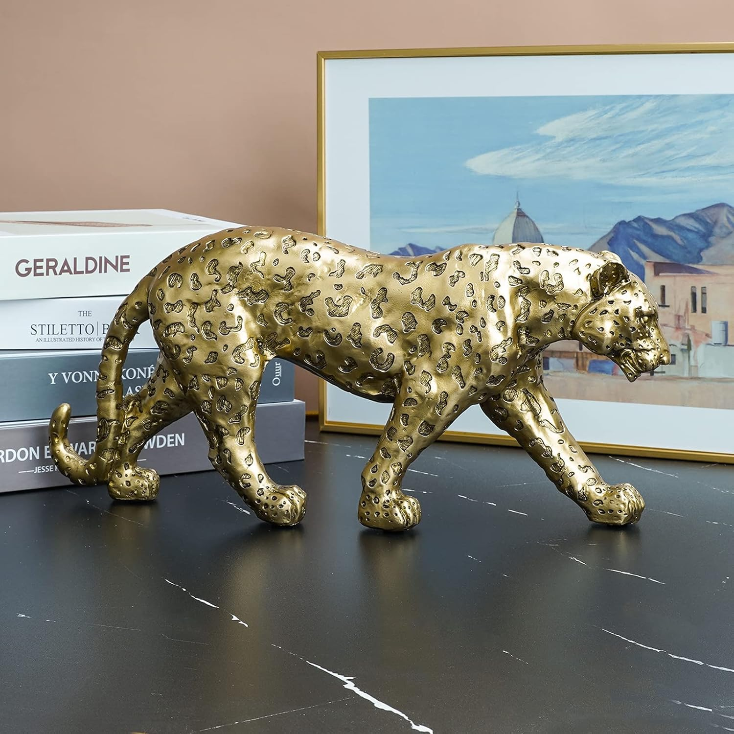 Polyroyal Cheetah Statue Home Decor Leopard Sculpture Resin Sitting Cheetah Figurine Desktop Table Top Ornament Decoration for Home Office-Gold or Silver (Walking-Champagne Gold) - Black,Gold,Silver image number 7
