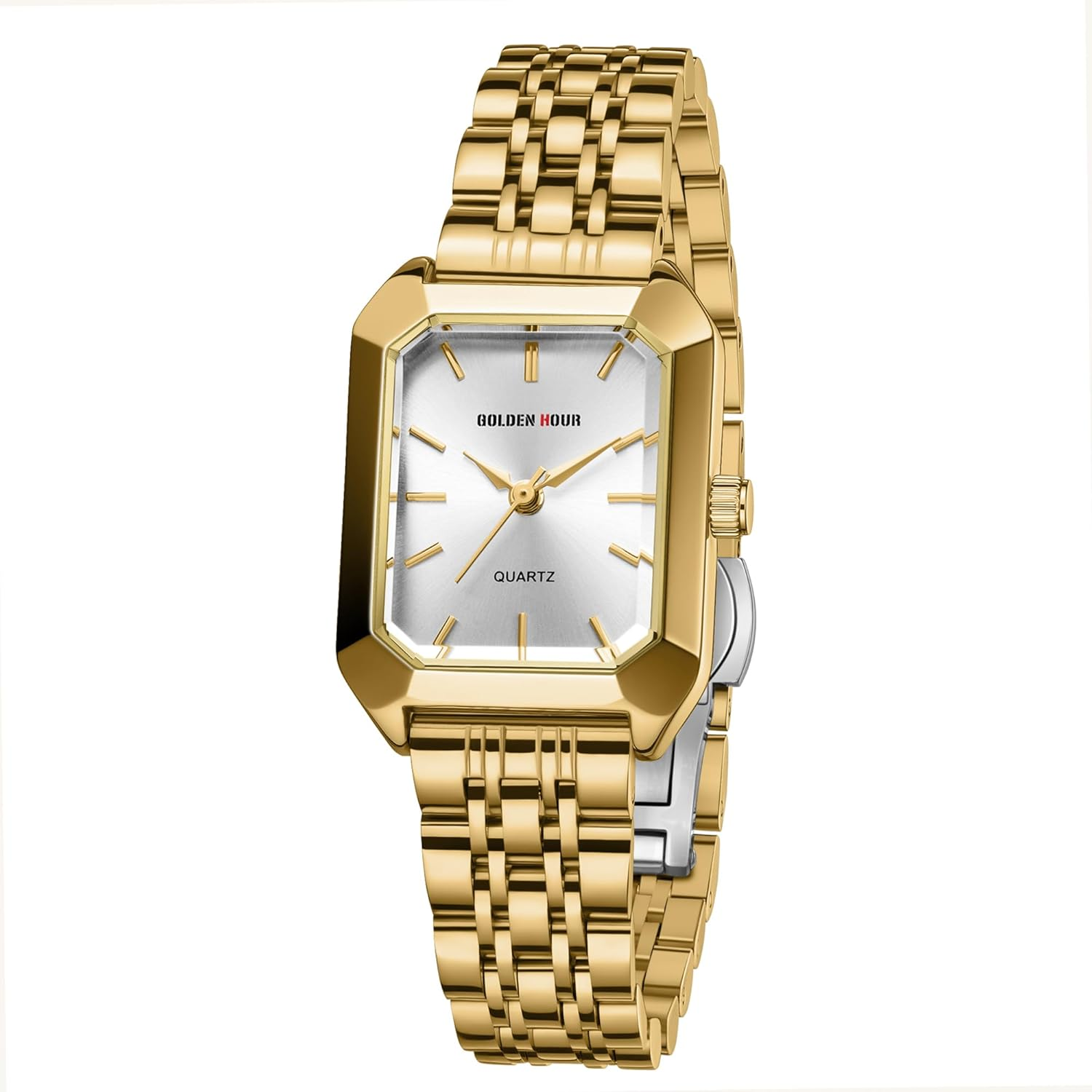 GOLDEN HOUR Women'S Rectangular Quartz Analogue Watch, Ladies Watches with Stainless Steel Band Fashion Casual Dress Waterproof Vintage Wrist Watches for Women - Gold White image number 6