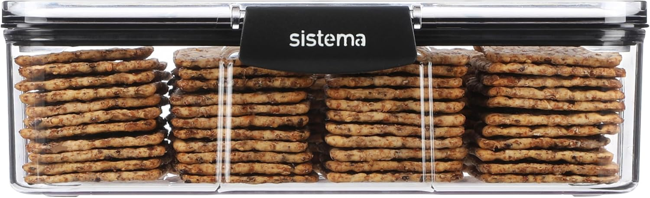 Sistema Ultra 1.73L Rectangle Food Storage Container | Stackable | Airtight Pantry Storage Container with Locking Clips | BPA & Phalate Free | Clear with Black Accents
