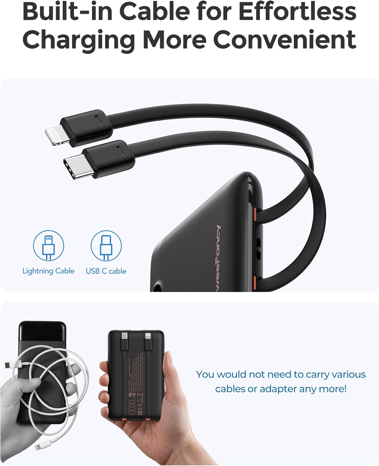 Power Bank for Iphone Weefancy Mini Powerbank 22.5W Fast Charging Slim USB C Portable Charger Built-In Cables Small Battery Pack 10000Mah Travel Essential Charger for Iphone Samsung Google LG, Etc - Black image number 4