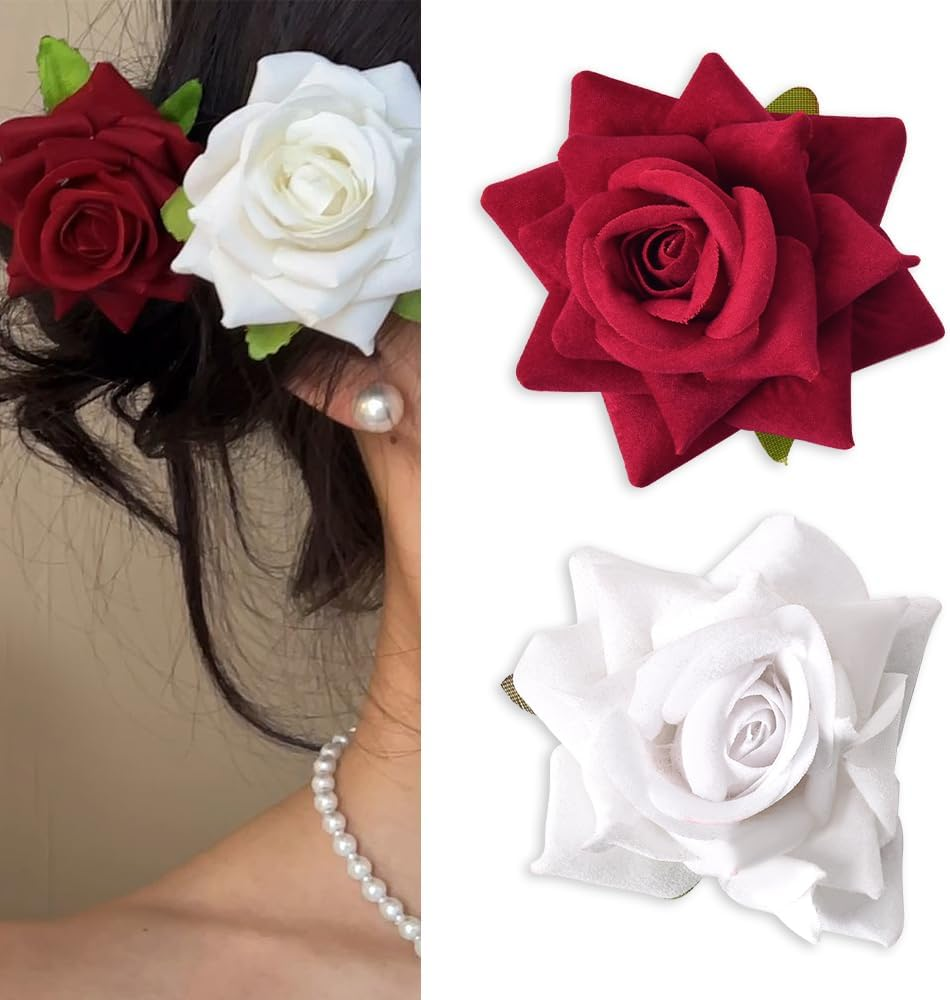 Elegant Floral Hair Accessories for Women Rose Hair Clip with Duckbill Hairpins Perfect Hairclips for Bridesmaids Flower Girls Weddings Birthday Parties Hair Accessory Red & White image number 5