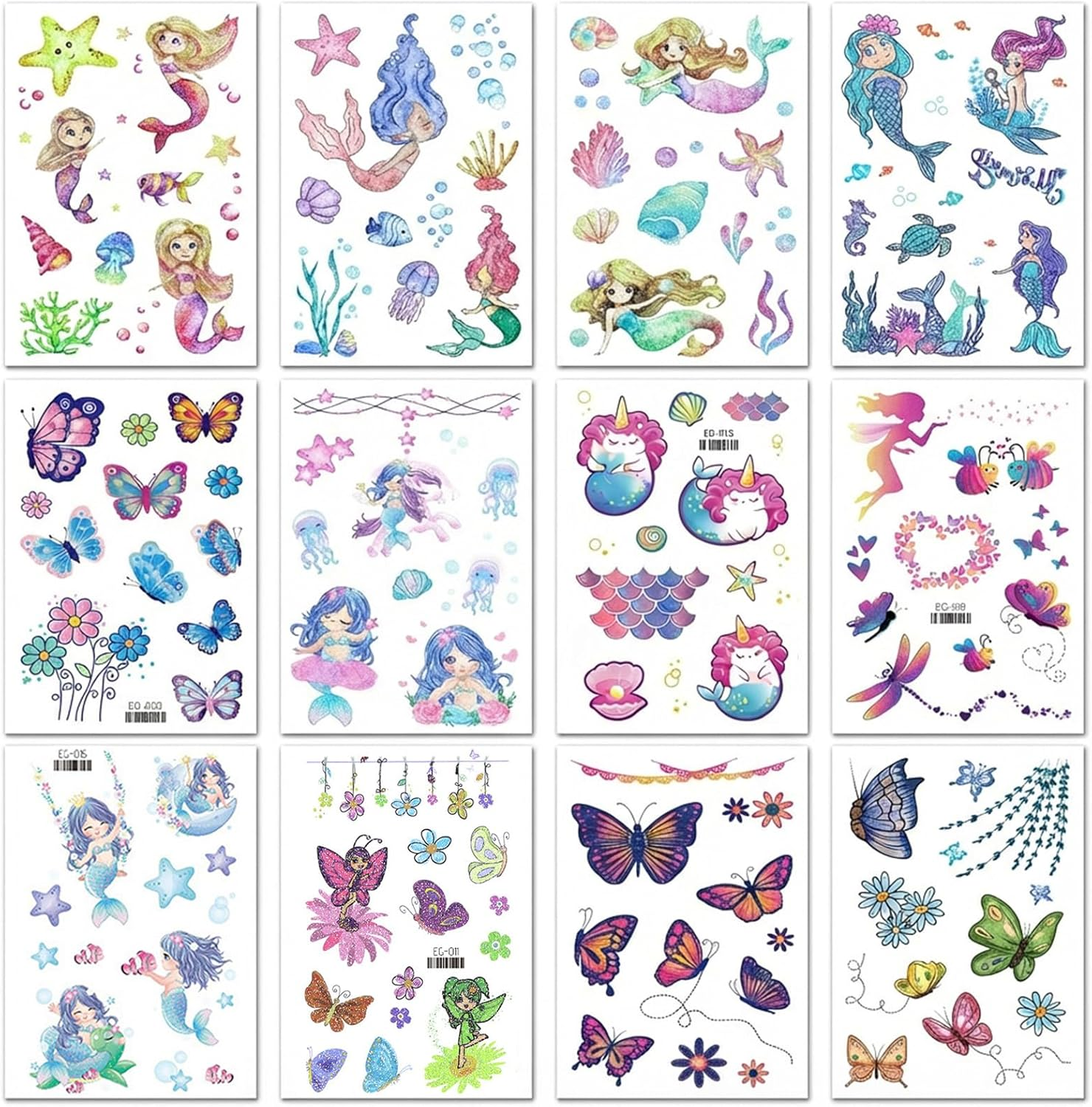 12 Sheets Glitter Temporary Tattoos for Kids | Cute Fake Tattoo Stickers with Butterfly, Mermaid & Fairy Designs - Waterproof Party Favors for Girls Boys Birthdays (Mermaid & Butterfly-Eg)