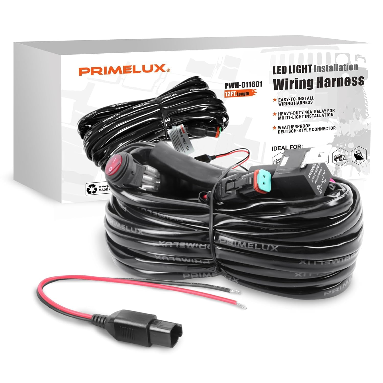 Primelux 16AWG Universal LED Light Bar Wiring Harness Kit with 40A Relay & Waterproof Switch &ndash; Compatible with Trucks, UTV, ATV, Boats (12V 0-180W, IP65, 2-Year Warranty) image number 6