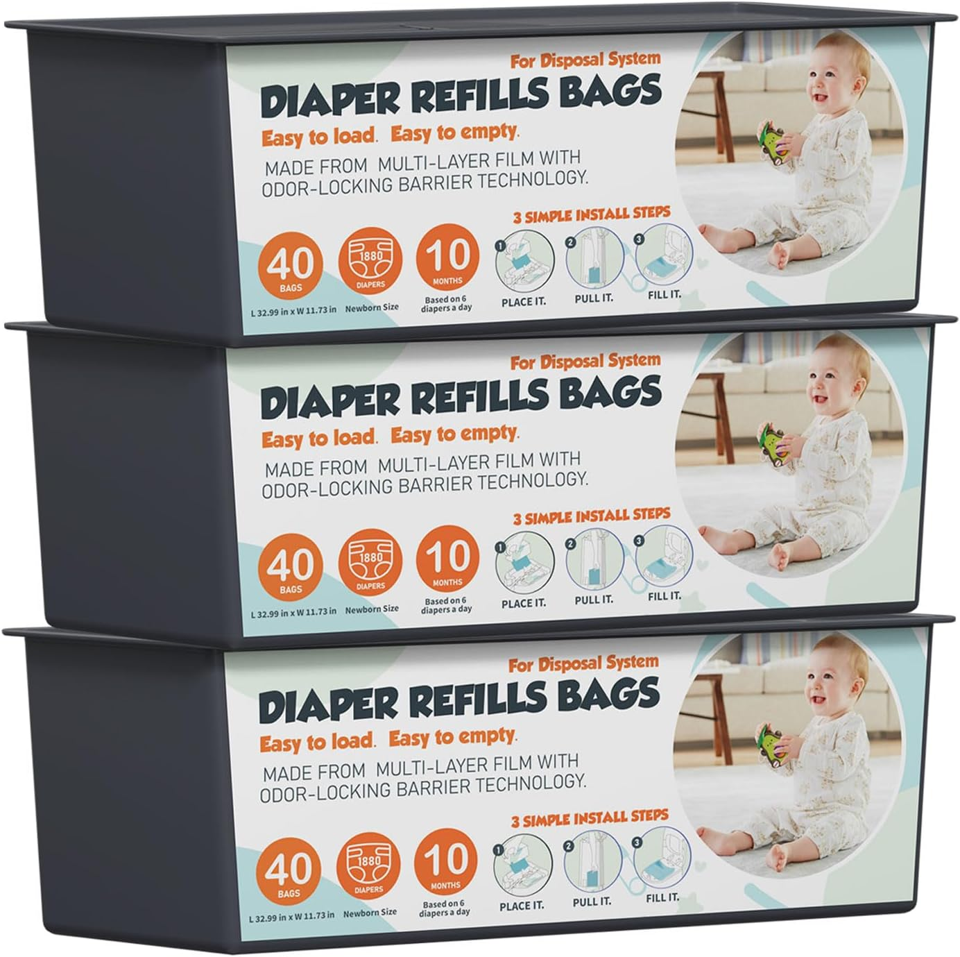 Upgrade Diaper Pail Refills Bags with 40 Bags Compatible with Genie Easy Roll Signature and Platinum Diaper Pails, 7-Layer Odor-Barrier Technology, 3 Pack (120 Bag) image number 5