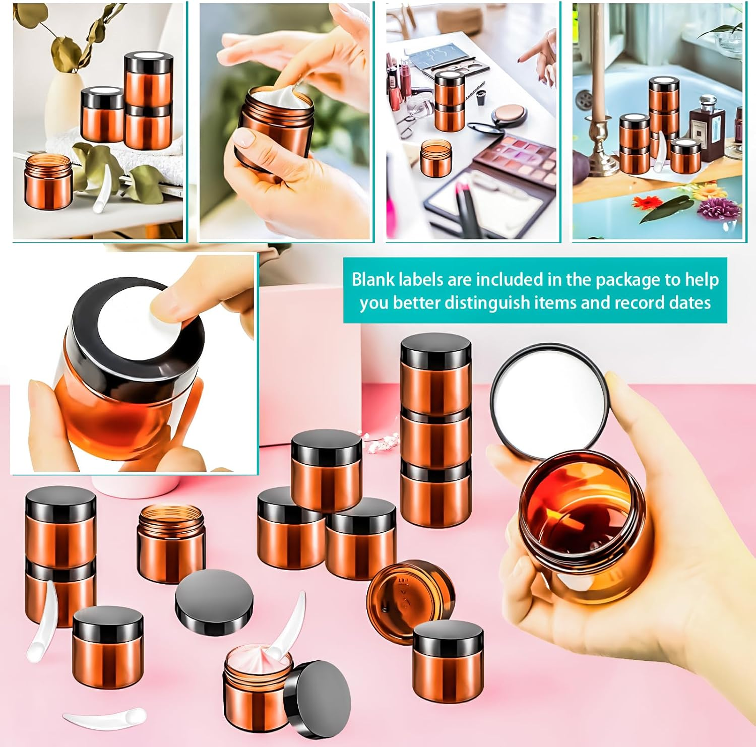 Motbach 16 Pack 2Oz Amber Plastic Jars, 60Ml Empty Small round Cosmetic Jars Refillable Makeup Containers Leakproof Travel Cosmetic Containers with Black Lids for Sample Cream Lotion Powder Ointment image number 5