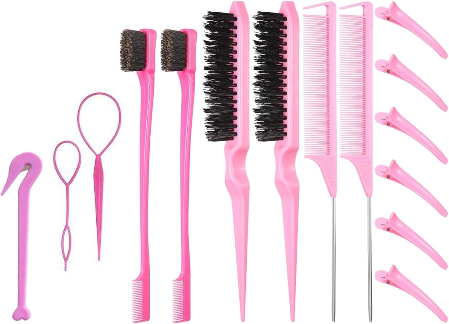 15-Piece Braiding Kit & Hair Supplies: Nylon 3-Row Salon Teasing Brushes, Double-Sided Edge Smooth Combs, Rat Tail Combs & Duckbill Clips for Women (Pink) image number 1