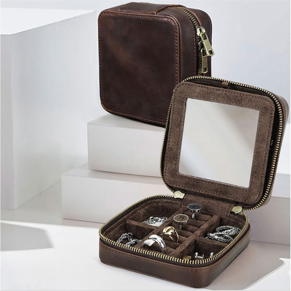 Contacts Genuine Leather Jewelry Box Travel Jewelry Storage Organizer for Men Portable Case for Cufflinks Ring Necklace Earrings with Mirror, Square+Mirror, Coffee image number 3
