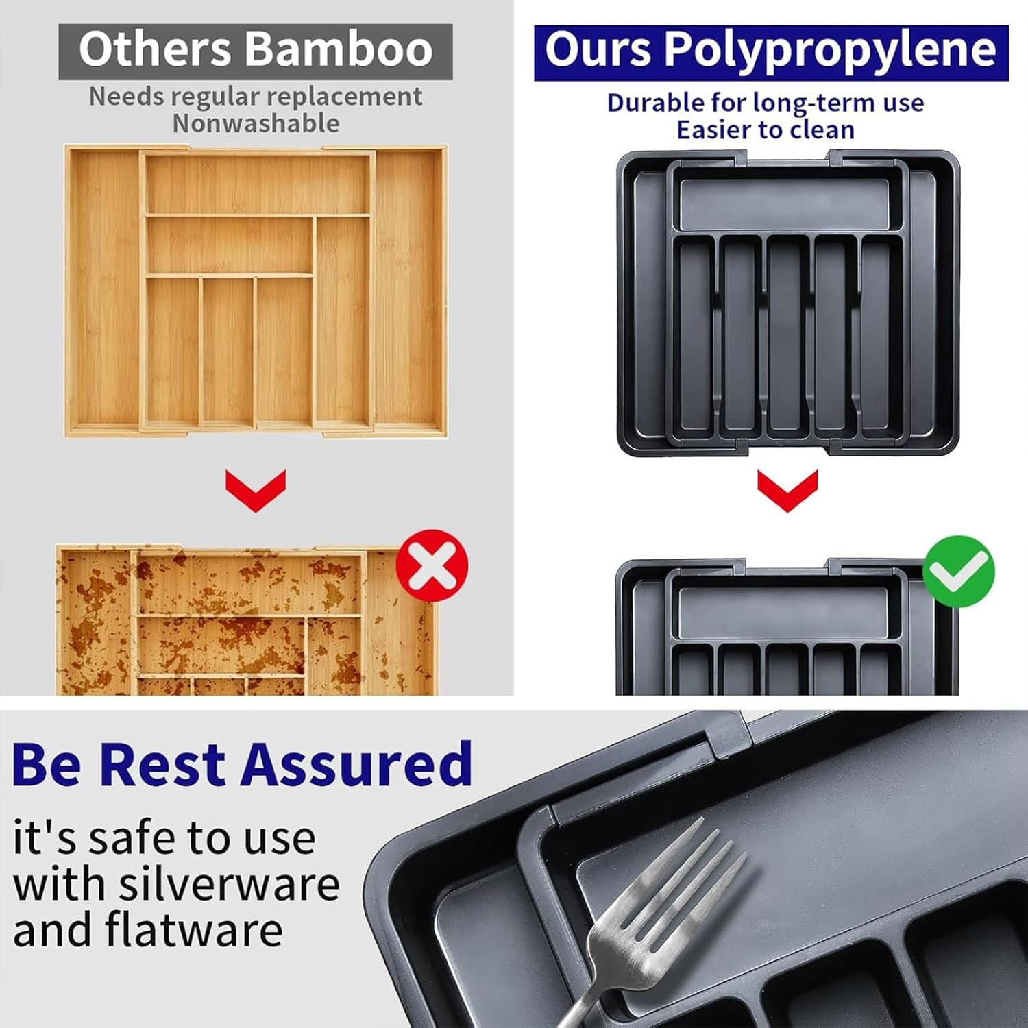 Expandable Cutlery Drawer Organizer, Flatware Utensil Tray for Kitchen, Adjustable Cutlery Storage for Forks, Knives, Multipurpose Kitchen Organizers (Black) image number 5