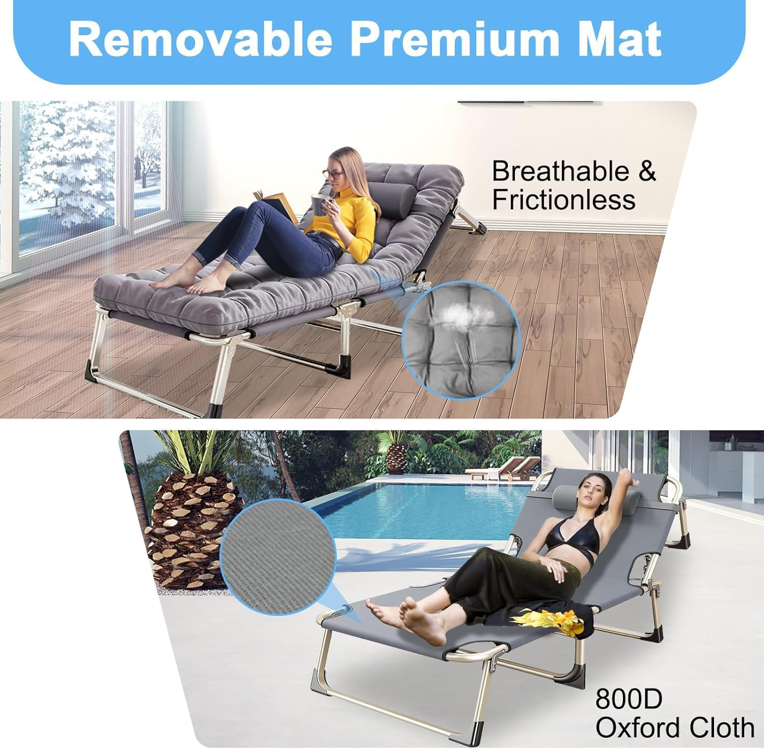 Folding Camping Cot W/Mat for Adults, Heavy Duty Outdoor Camping Bed Travel Camp Cots Camping Loungers, 5-Position Adjustable Backrest, Lightweight Tent Cot for Home Office Beach Garden image number 5