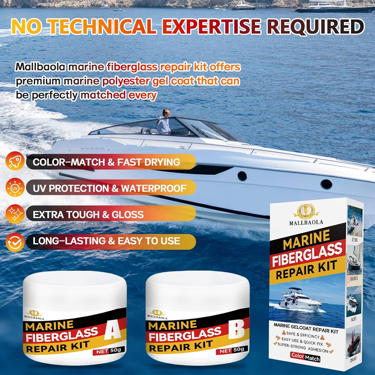 Marine Fiberglass Repair Kit for Boats, Gel Coat Repair Kit for Boats, Fiberglass Boat Repair Kit, Epoxy Filler for Fiberglass Boats, Fiberglass Kit Fix Holes Chips Pits and Deep Cracks (Color Match) image number 6
