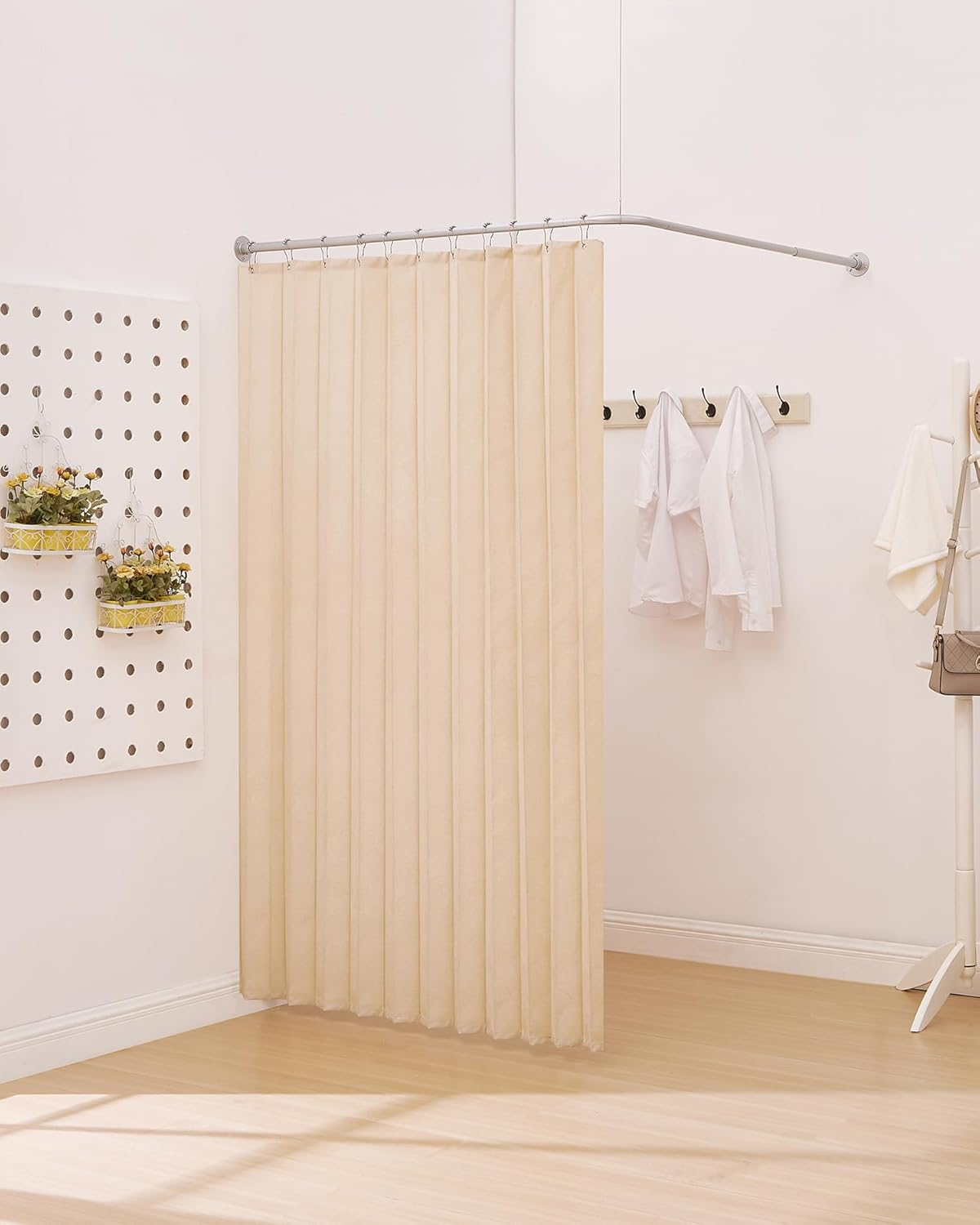 Crkmire Corner Shower Curtain Rod, Silver Gray [24"-53"] X [24"-53"] Adjustable L Shaped Shower Rod No-Sagging 90 Degree Curved Curtain Rod for Bathroom Bathtub with 12 Ring Hooks & Ceiling Support image number 2