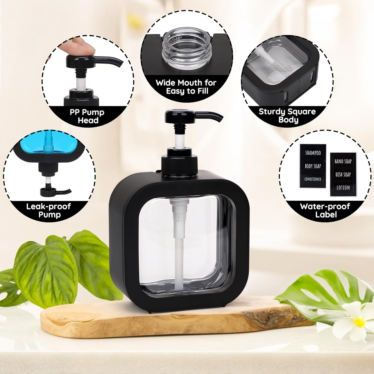 Segbeauty 16.9Oz Refillable Hand Soap Dispenser,Pack of 4 Leak-Proof Bathroom Hand Soap Dispensers,500Ml Dish Soap Dispenser for Kitchen Sink,Black Plastic Soap Dispenser with Pump and Labels image number 5