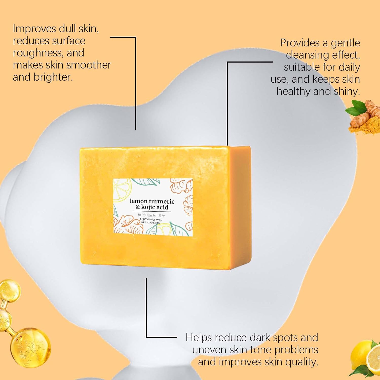 Scentric Glow Soap, Lemon Turmeric Kojic Acid Soap, Turmeric Soap for Dark Spots, Melanin Turmeric Soap for Face and Body, Moisturizing Deep Cleansing for Women & Men, Turmeric Lemon Soap (1Pcs) - 2Pcs image number 5