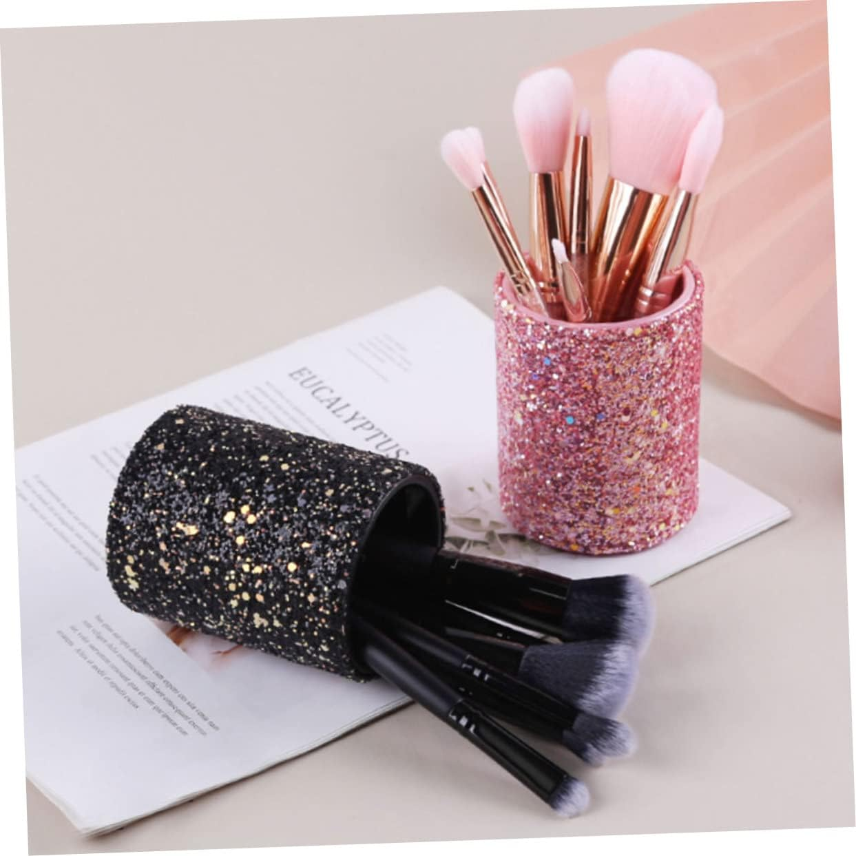 Mikinona Makeup Brush Storage Bucket Makeup Stand Organizer Metal Trim Pink Cup Holder for Dressing Table Pen Holder Decorative Bedroom Bathroom - Pink image number 2