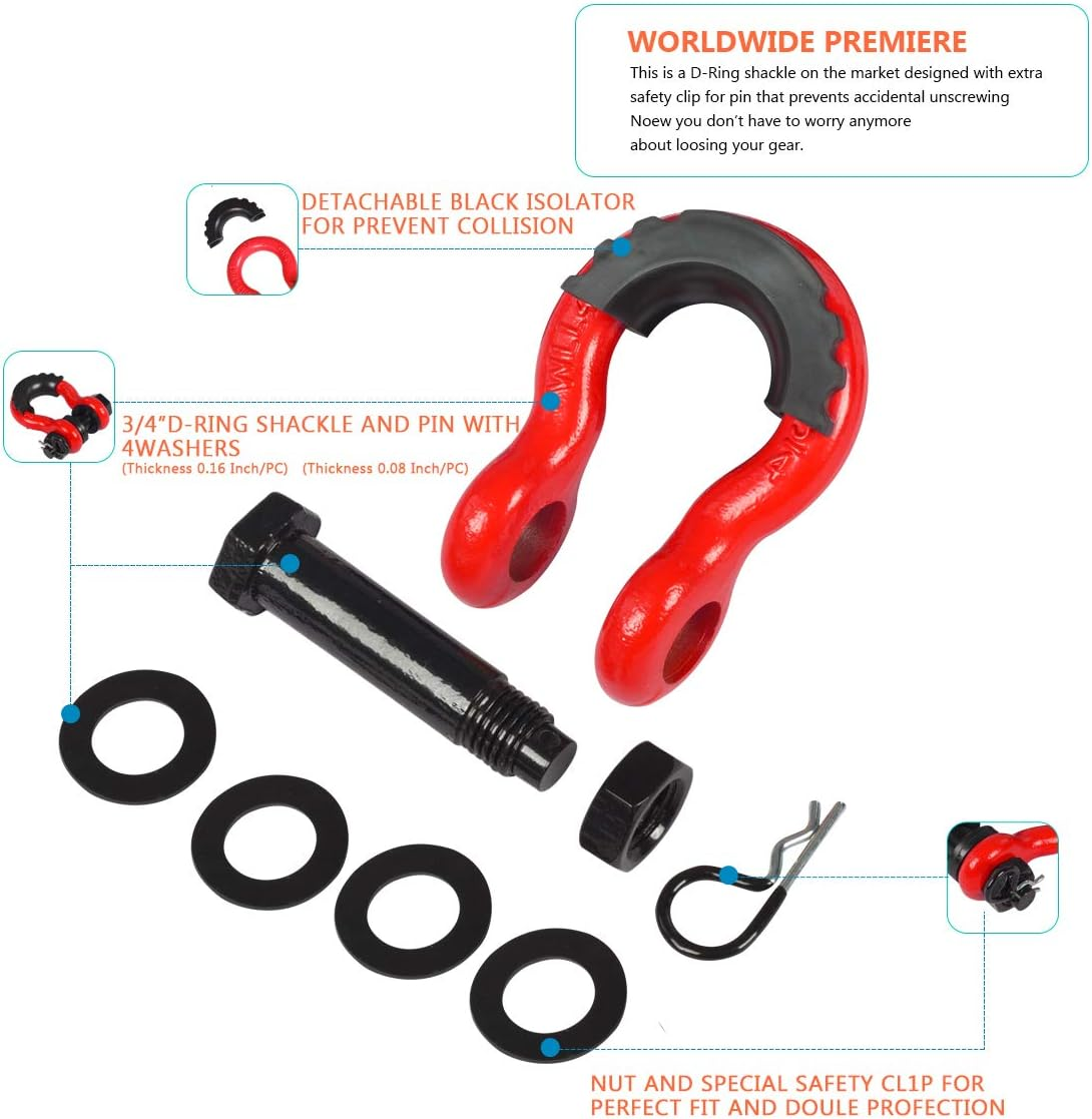 AMBULL Shackles 3/4 Inch D Ring Shackle (2 Pack) 41,850Lb Break Strength with 7/8 Inch Pin, Isolator and Washer Kits for Use with Tow Strap, Winch, Off-Road Jeep Truck Vehicle Recovery, Red - Darkgreen image number 7