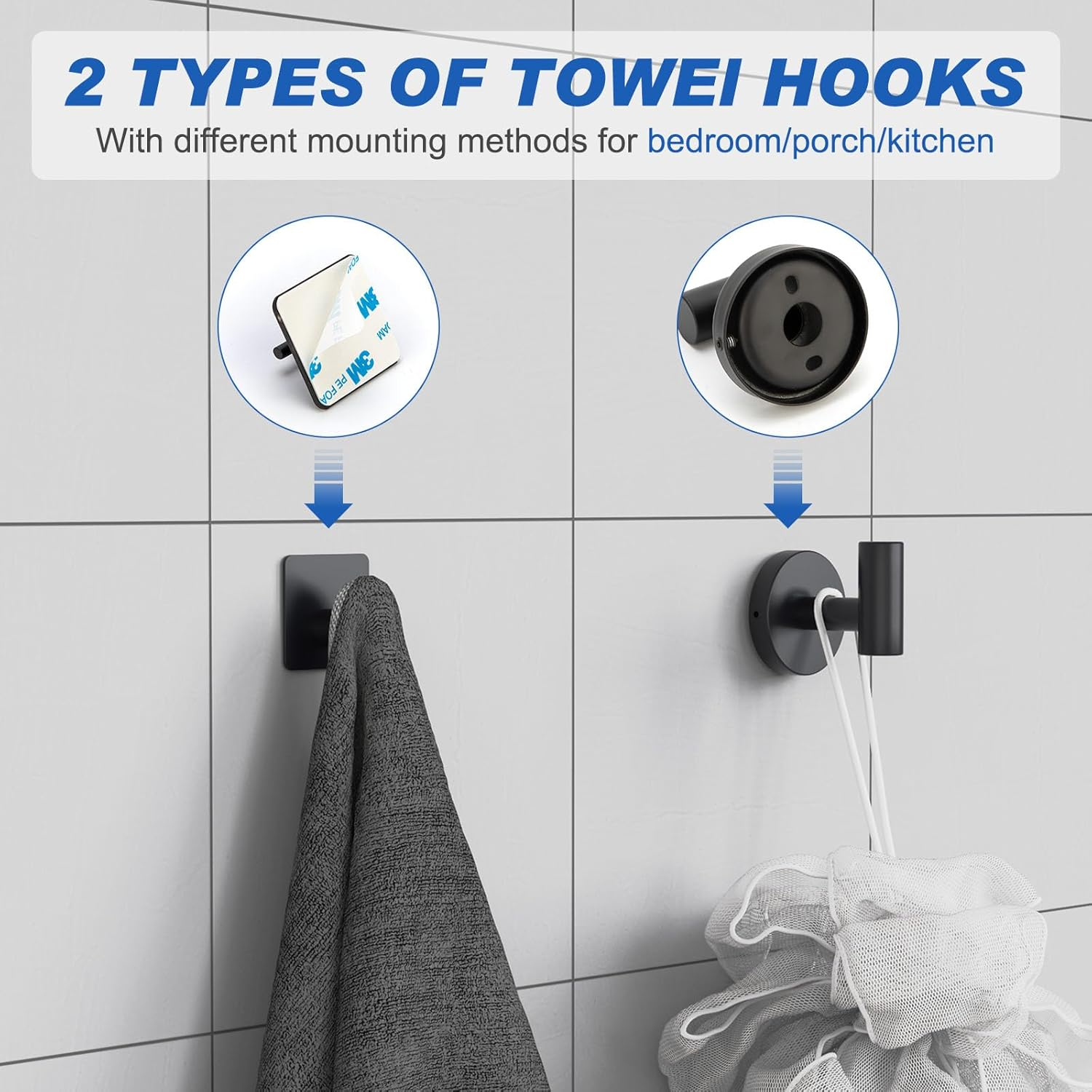 Bluefire 12-Piece Bathroom Hardware Set, Wall Mounted Bathroom Accessories Set Towel Bars for Bathroom Towel Holder Set with 2 Paper Tower Holders 2 Towel Bars 4 Adhesive Hooks 4 Towel Hooks(Black) image number 6